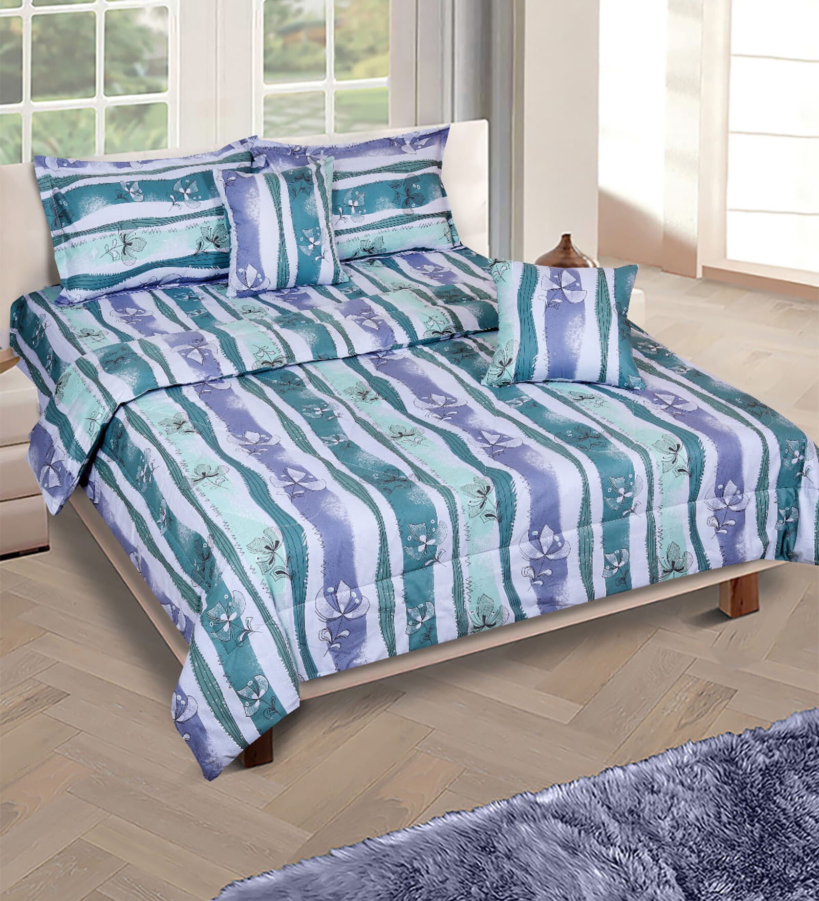 Teal & Blue Floral 210 TC Cotton 6 Pieces Bedding Set Collection