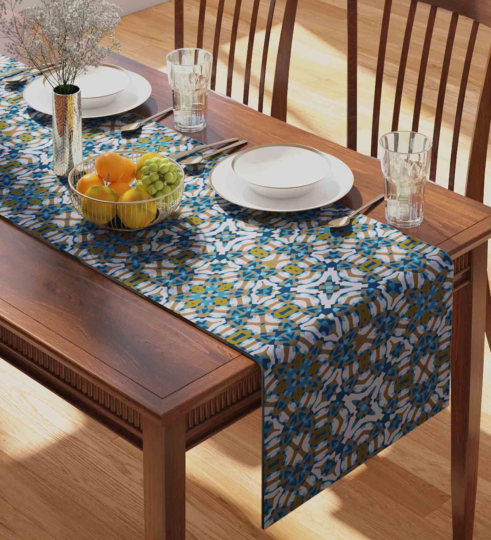 Alhambra (70x13) Teal Blue & White Cotton Table Runner
