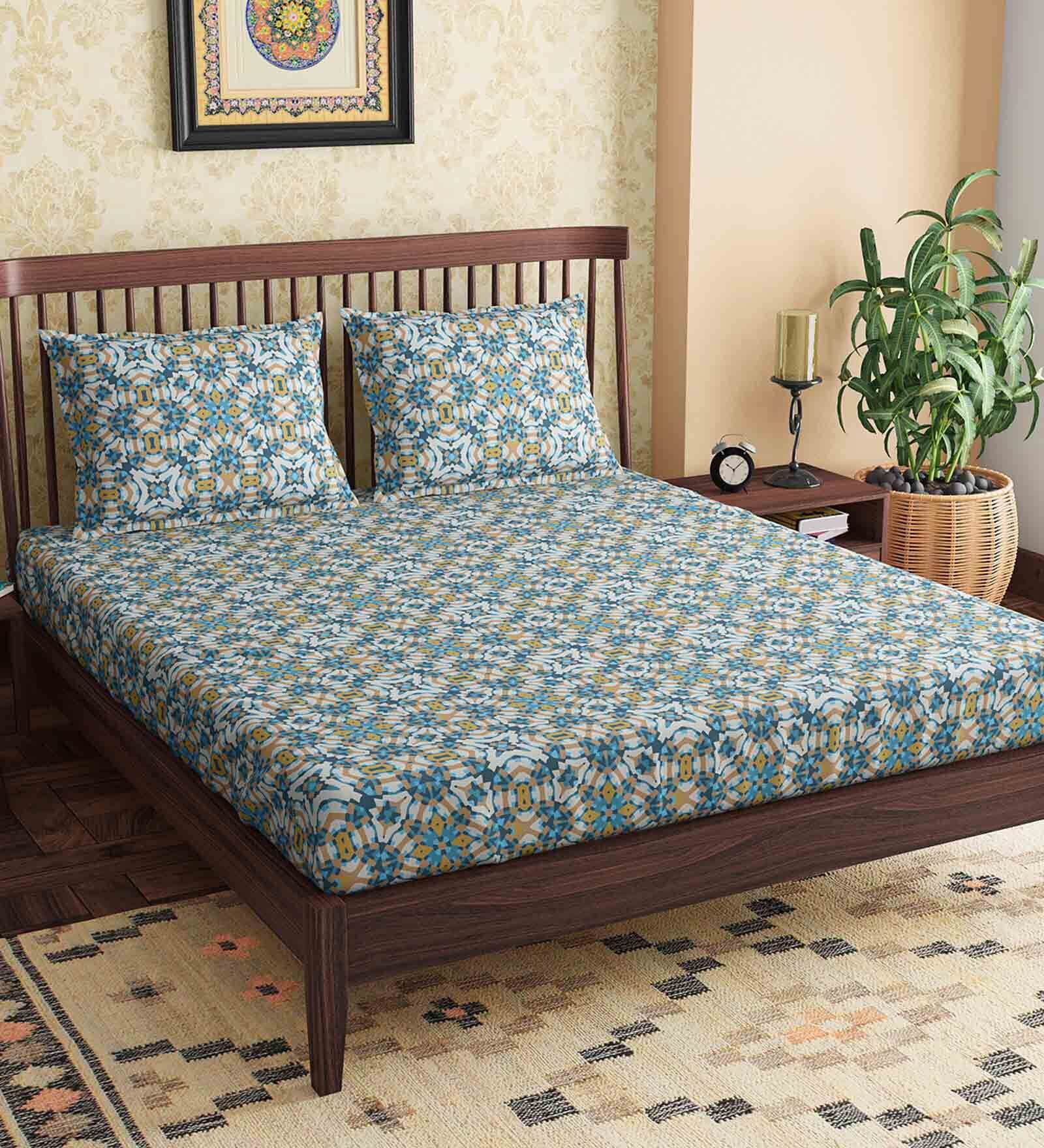 Teal Abstract 300 TC 100% Cotton King Sized Bed Sheets with 2 Pillow Covers