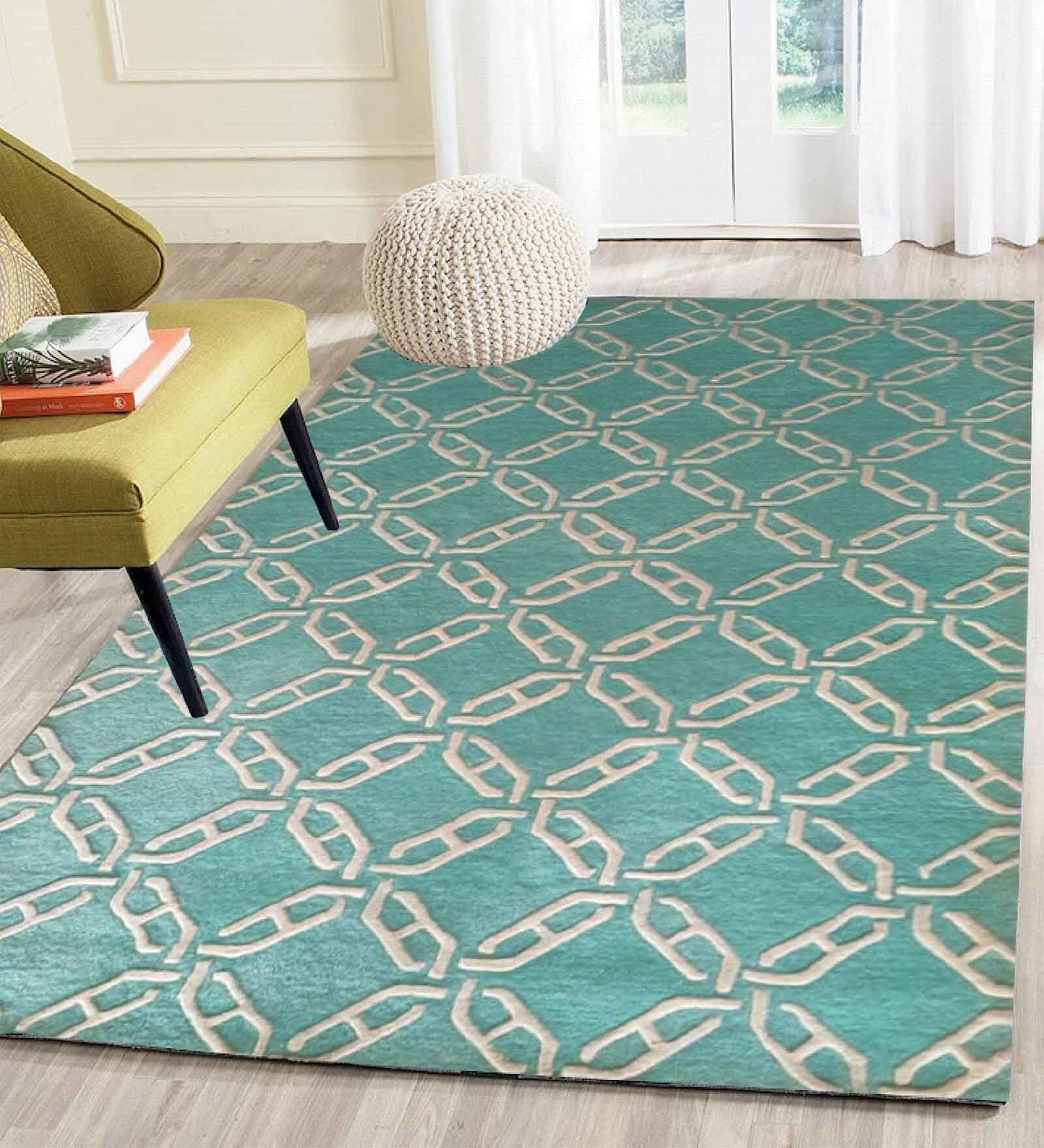 Teal Geometrical Wool 5 ft x 7 ft Hand Tufted Carpet