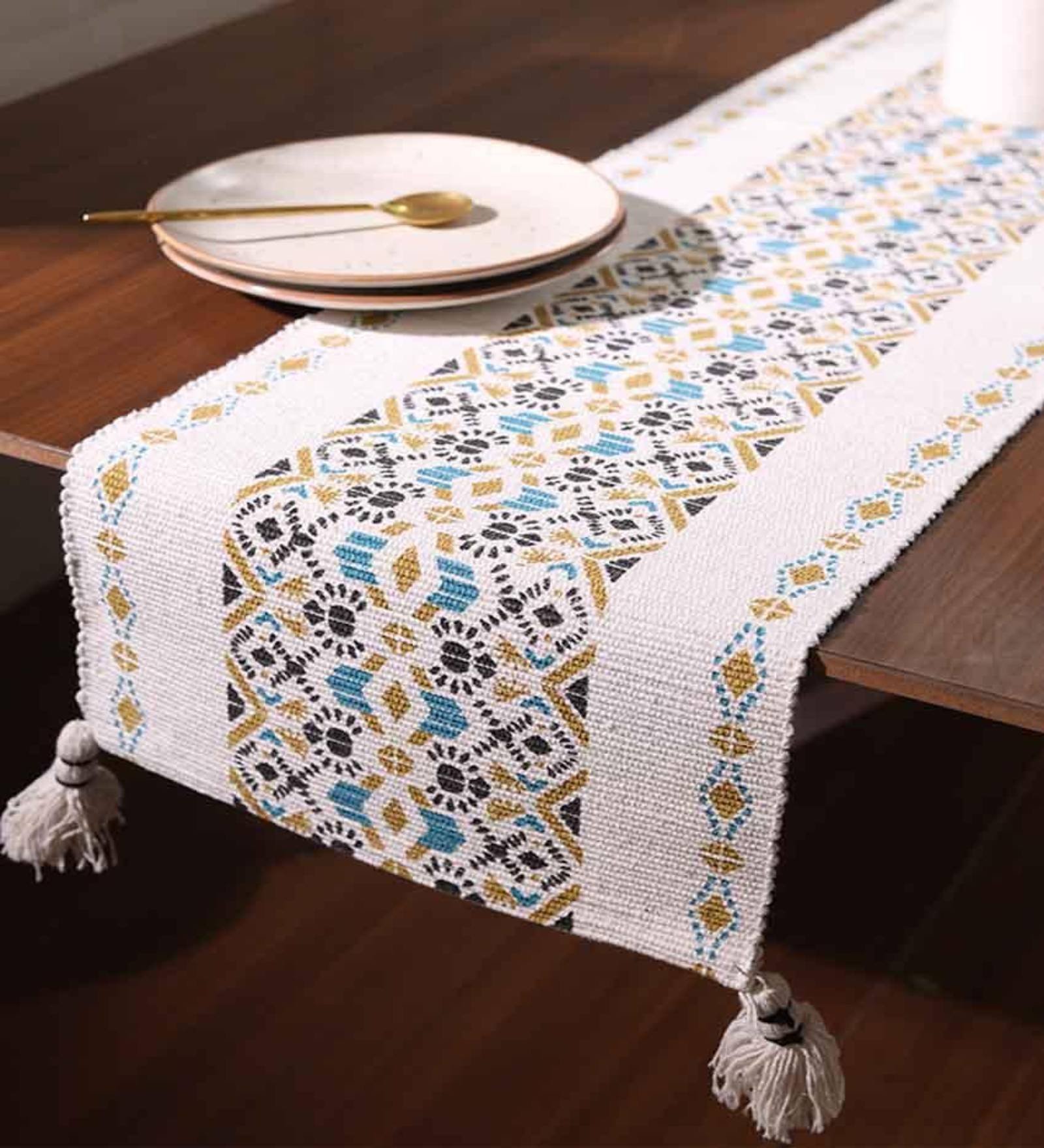 Mustard & Black Accents Premium Woven Table Runner with Tassels