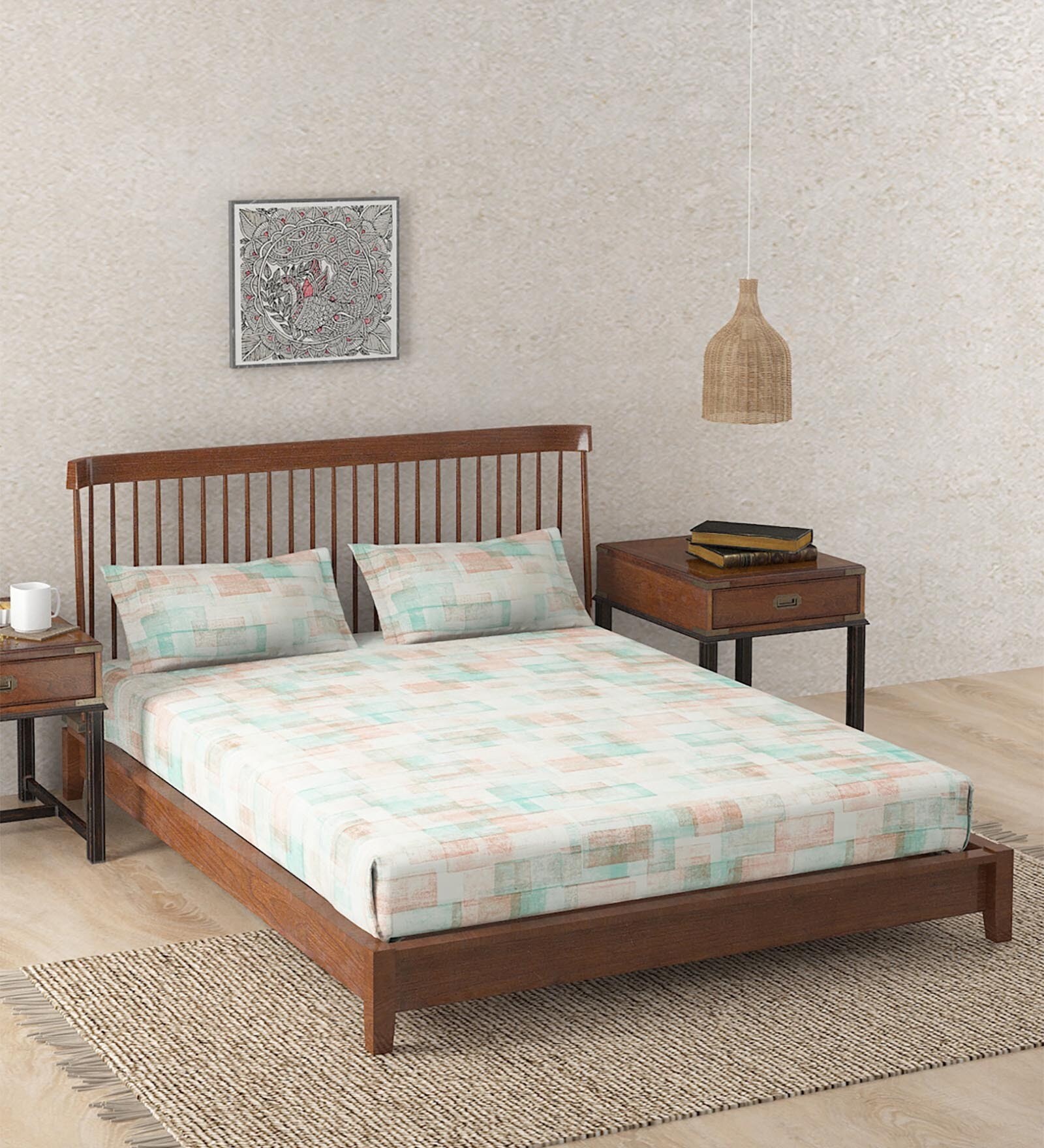 Teal Abstract 180 TC Cotton Single Bedsheet with 1 Pillow Cover