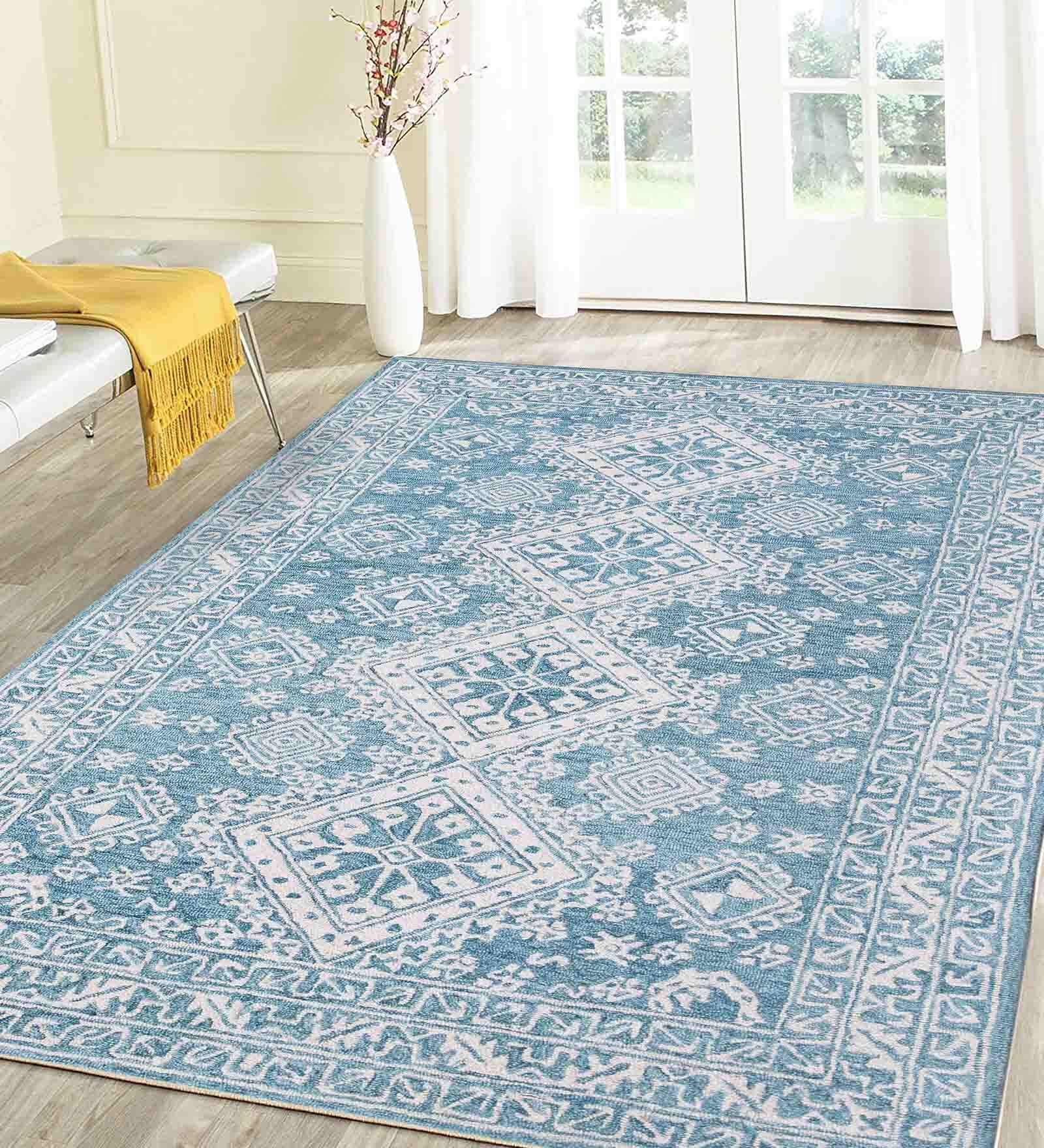 Teal Persian Wool And Viscose 8 ft x 10 ft Hand Tufted Carpet