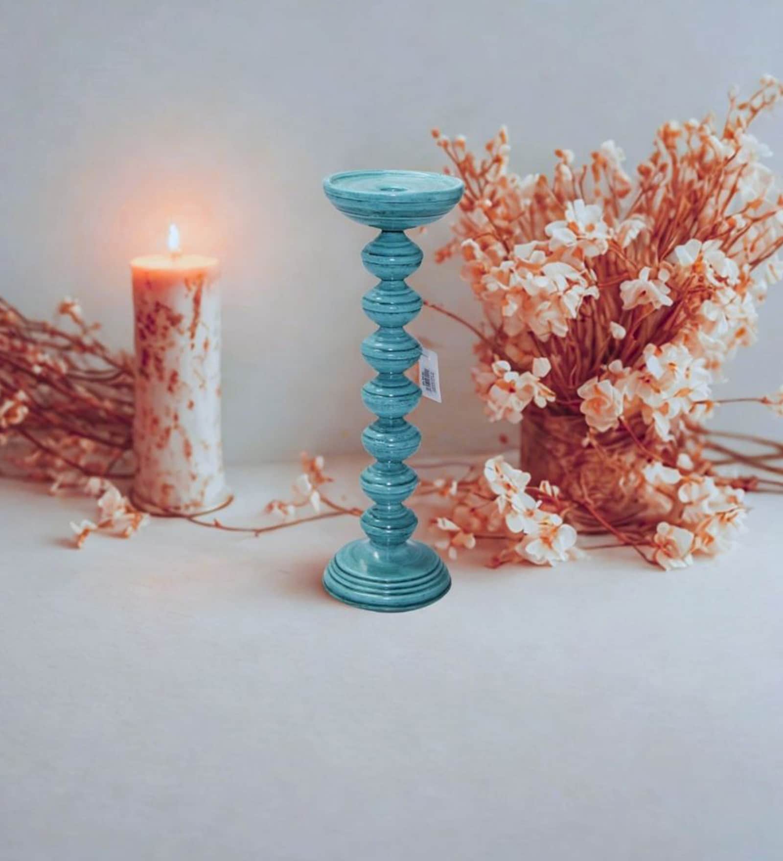 Teal Blue Iron Candle Holder for Home & Festive Decor