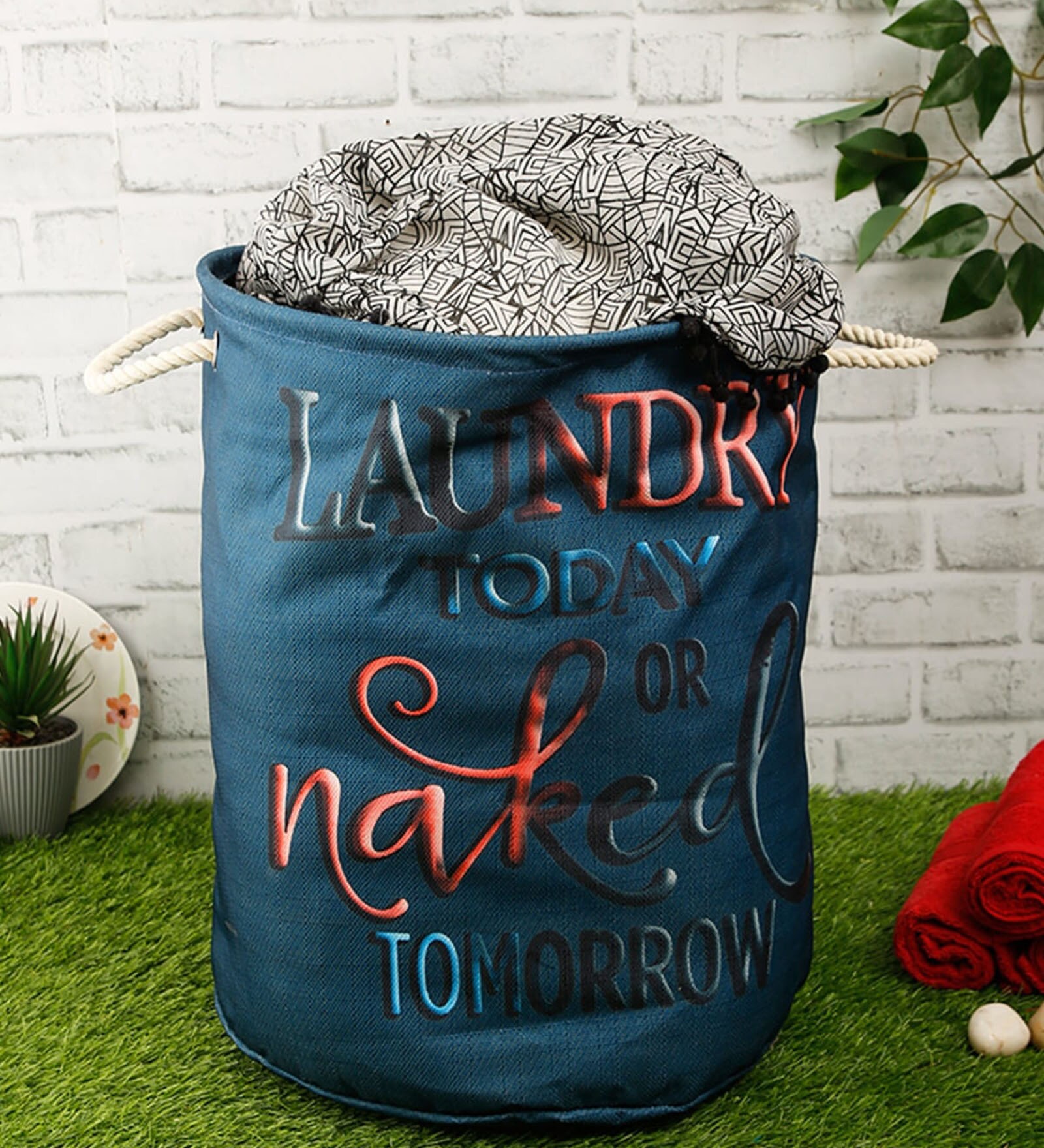 Teal Blue Polyester Slub 50 Ltr (1Pc) Laundry Basket with Lid