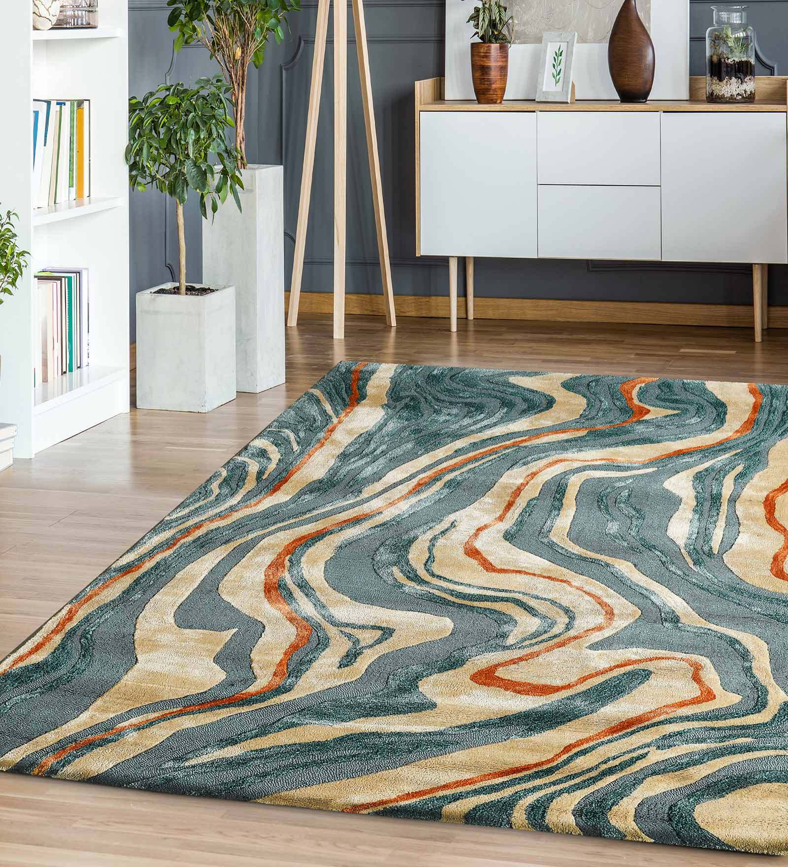 Buy Teal Wool and Viscose Abstract 4 x 6 Feet Hand Tufted Carpet