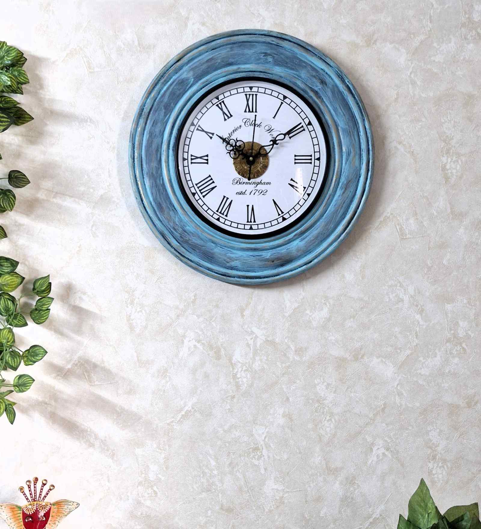 Teal Colour Engineered Wood Distress Finish Rings Wall Clock
