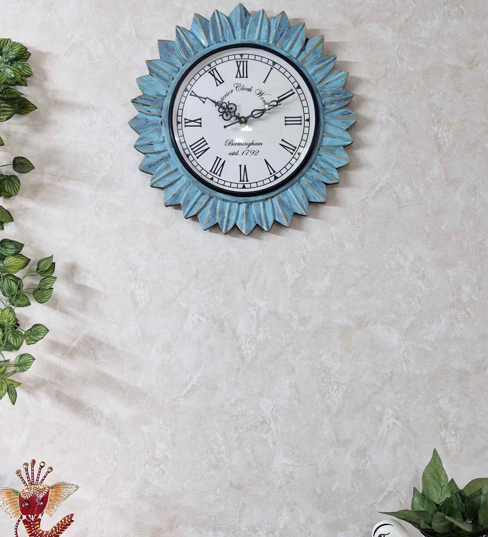 Teal Colour Engineered Wood Distress Finish Sun Flower Wall Clock