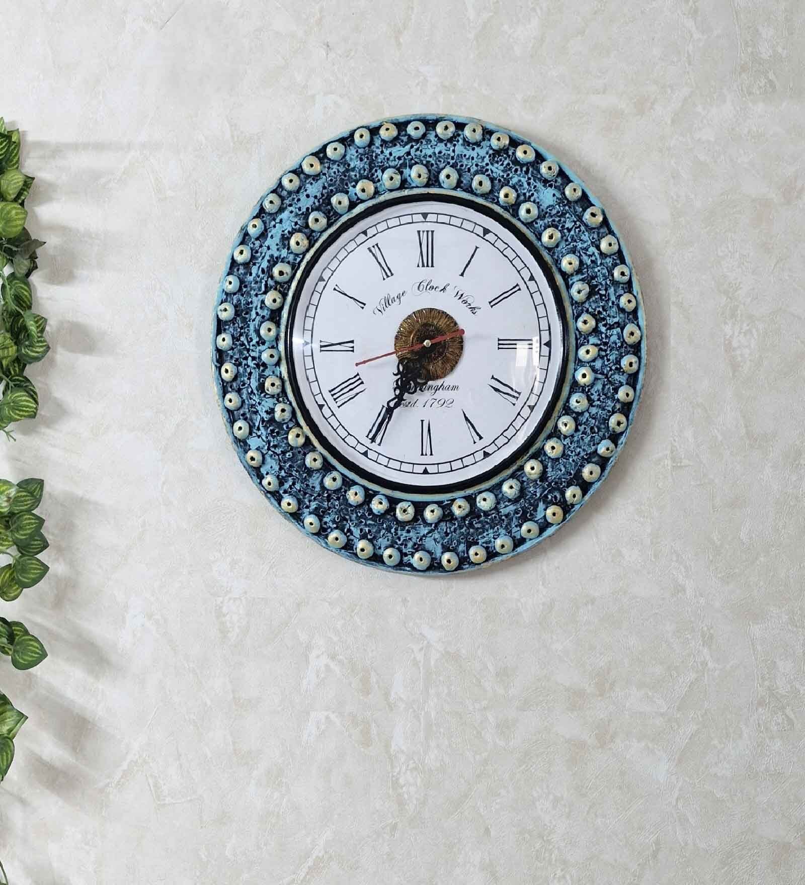 Teal Colour Engineered Wood Distress Finish With Marble Rings Wall Clock