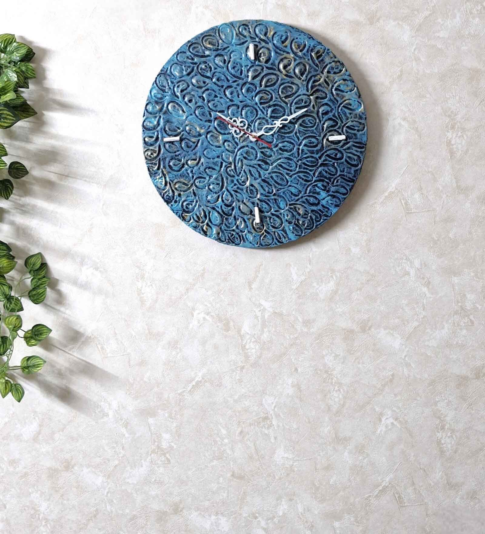Teal Colour Engineered Wood Marble Dust Textured Wall Clock