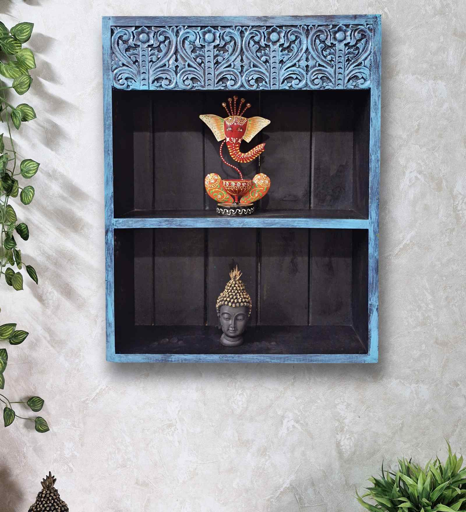 Teal Colour Solid Wood Handcarved Box Style Floating Wall Shelf With Compartment