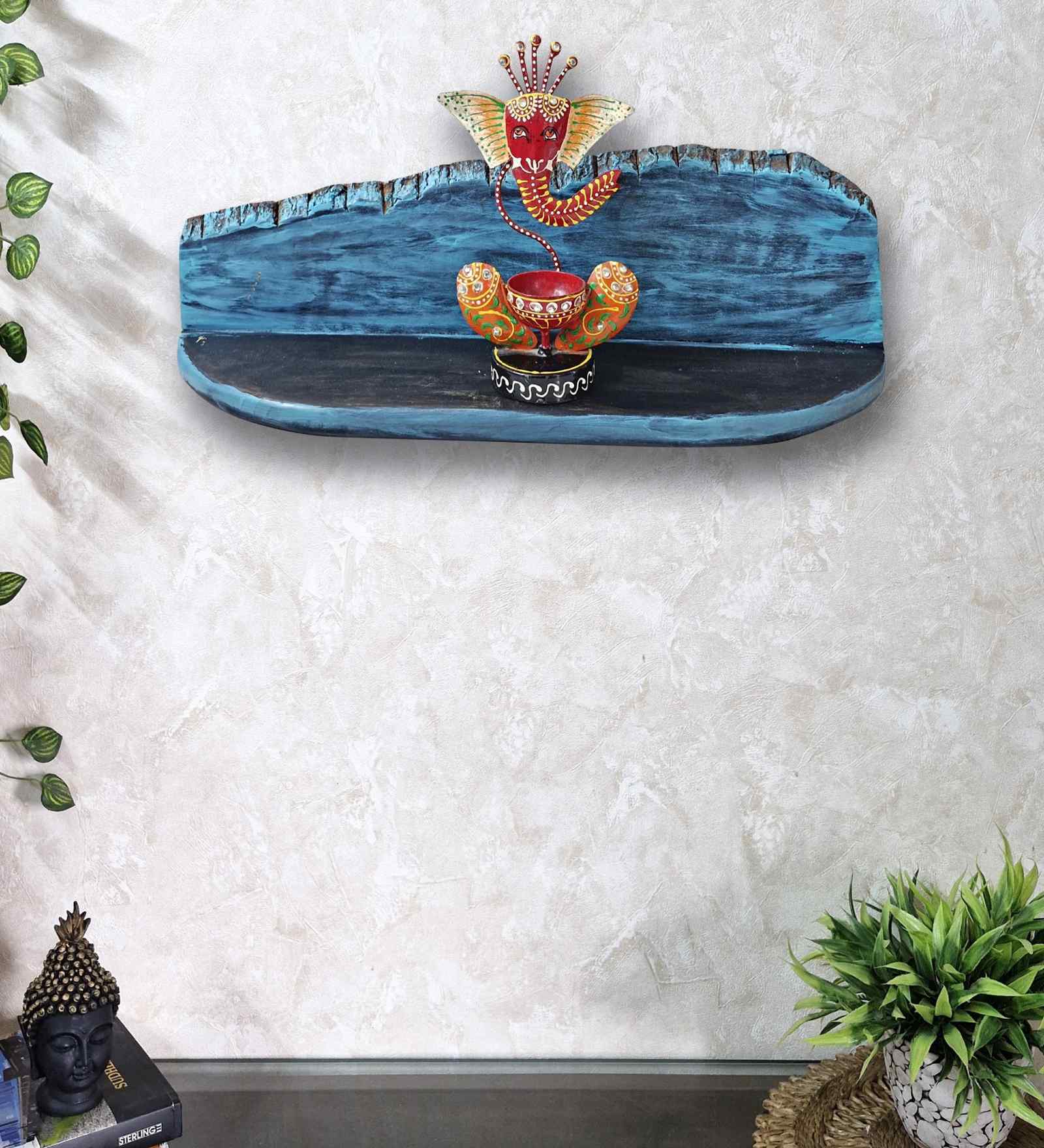 Teal Colour Solid Wood Wall Shelf With Bark Lining