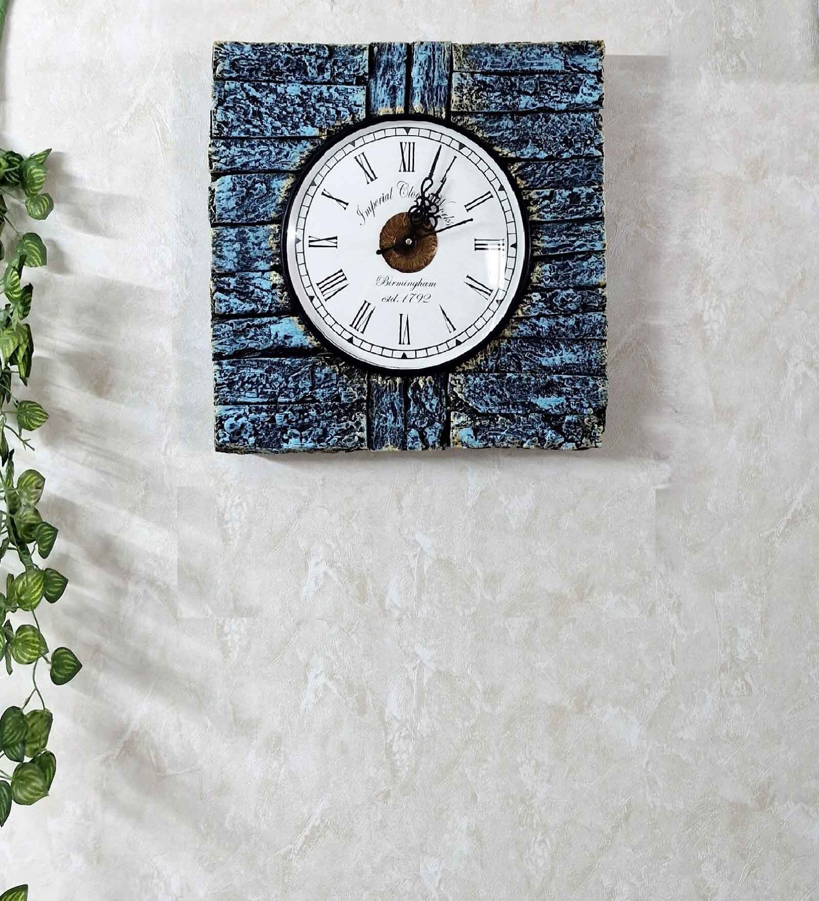 Teal Colour Square Solid Wood Bark Finish Wall Clock