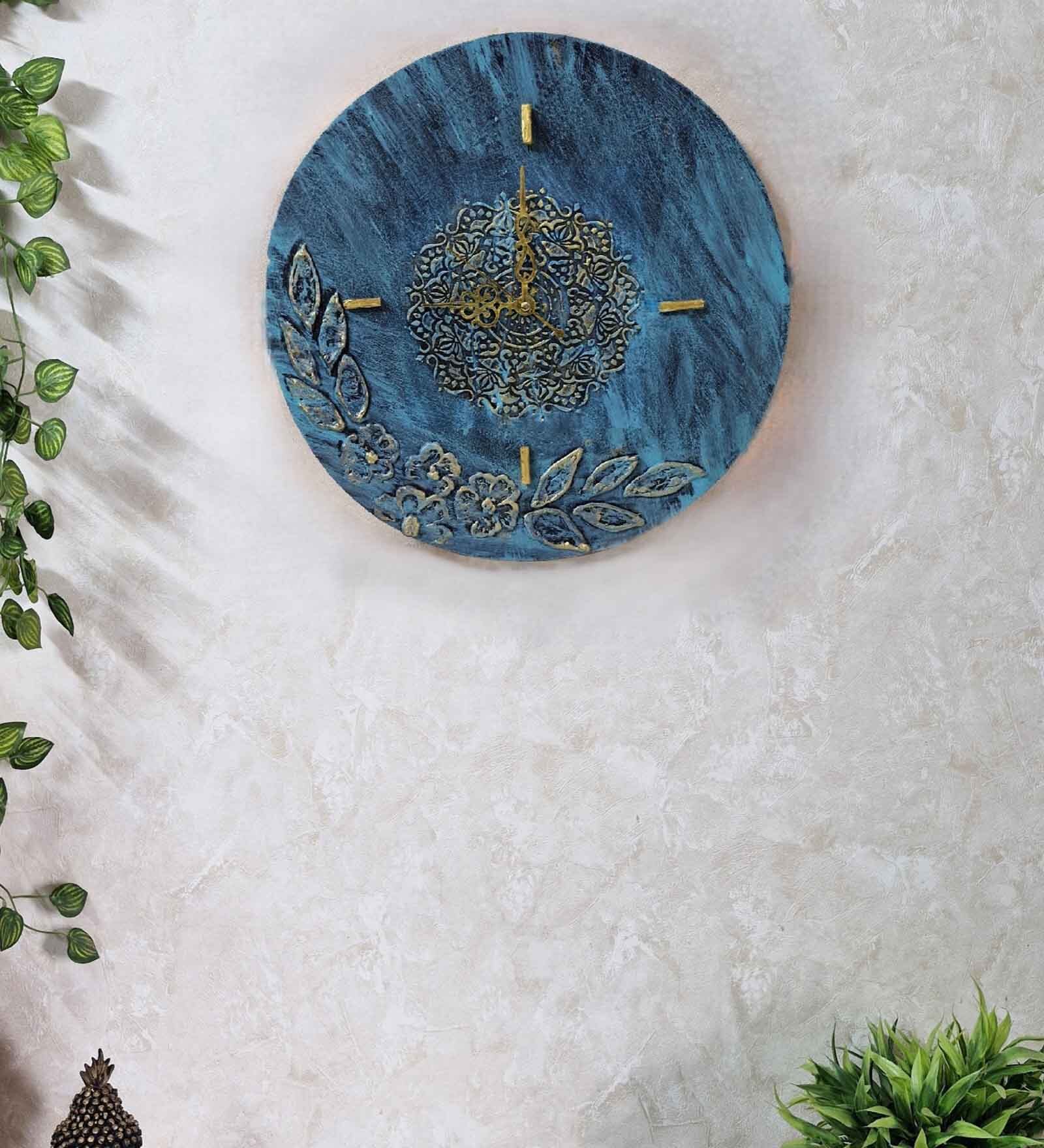 Teal Coloured Engineered Wood 3D Art Vintage Wall Clock Without Glass