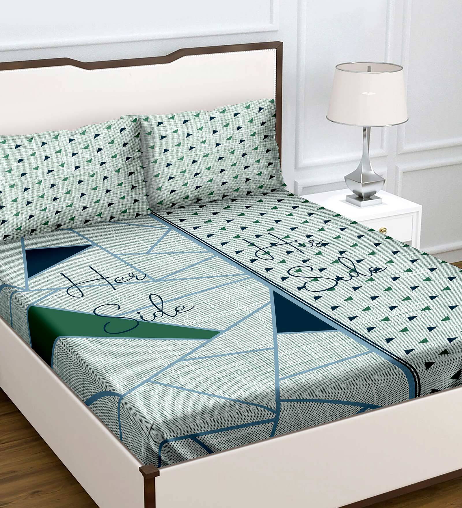 NHD HOME Mario Collections Cotton Bedsheet Set, Double Bed 5x7 Ft, 180 Thread Count, Printed Grey And Blue, 90x100 Inches With 2 Pillow Covers