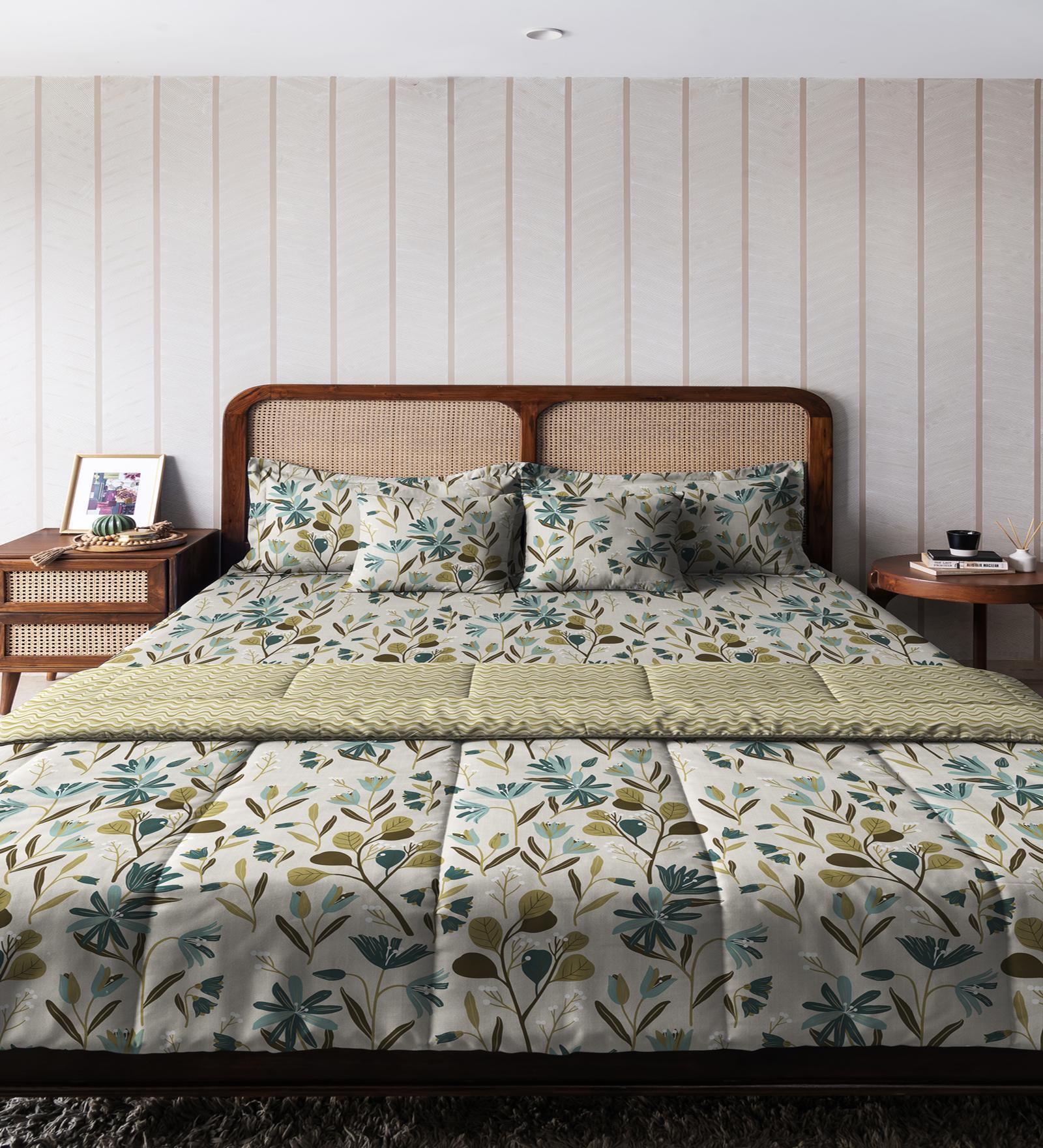 Teal Cotton Floral 150 GSM Double Bed Comforter