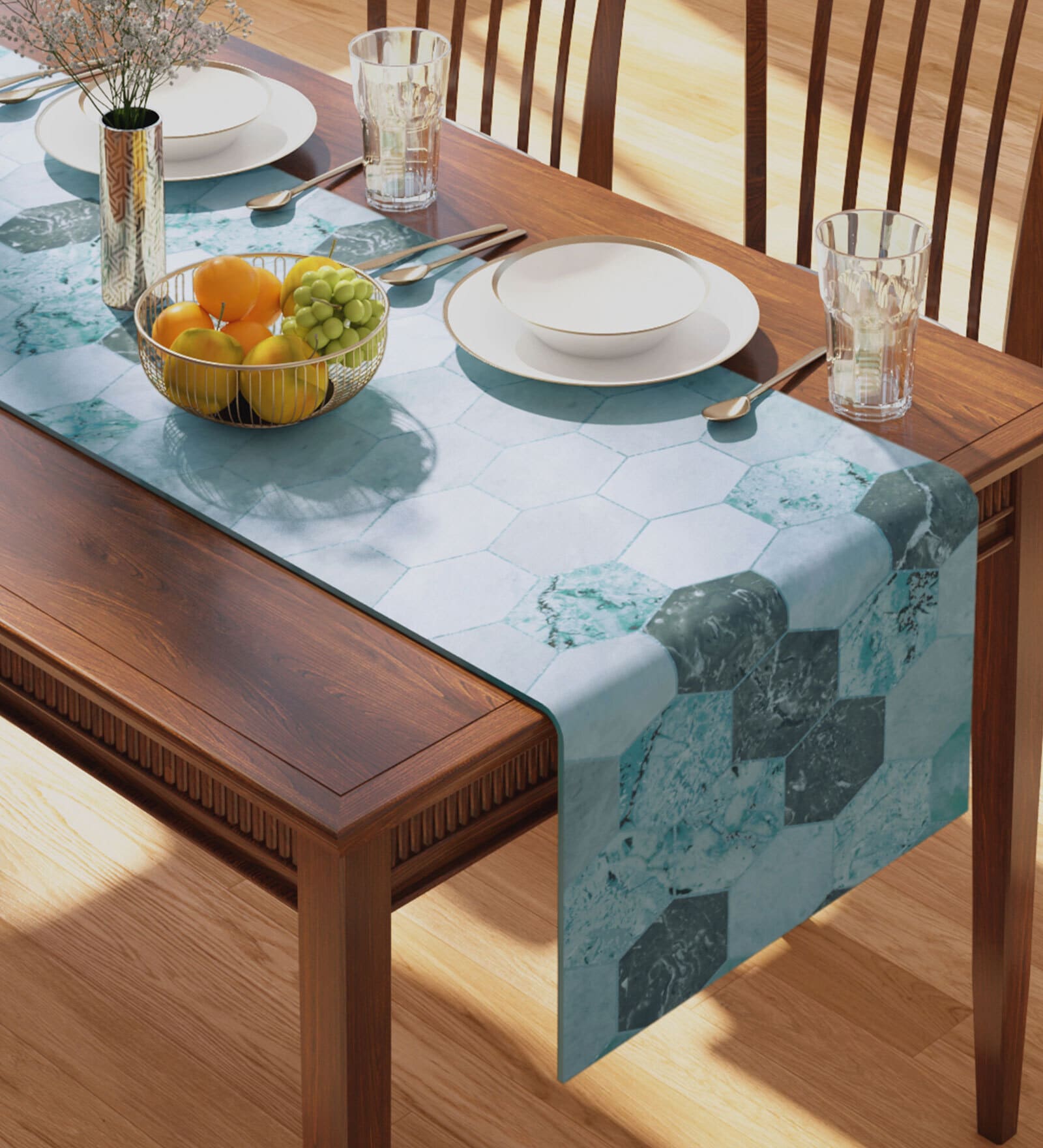 Buy Hexagon (70x13) Teal Blue Cotton Table Runner at 48 OFF by Petal