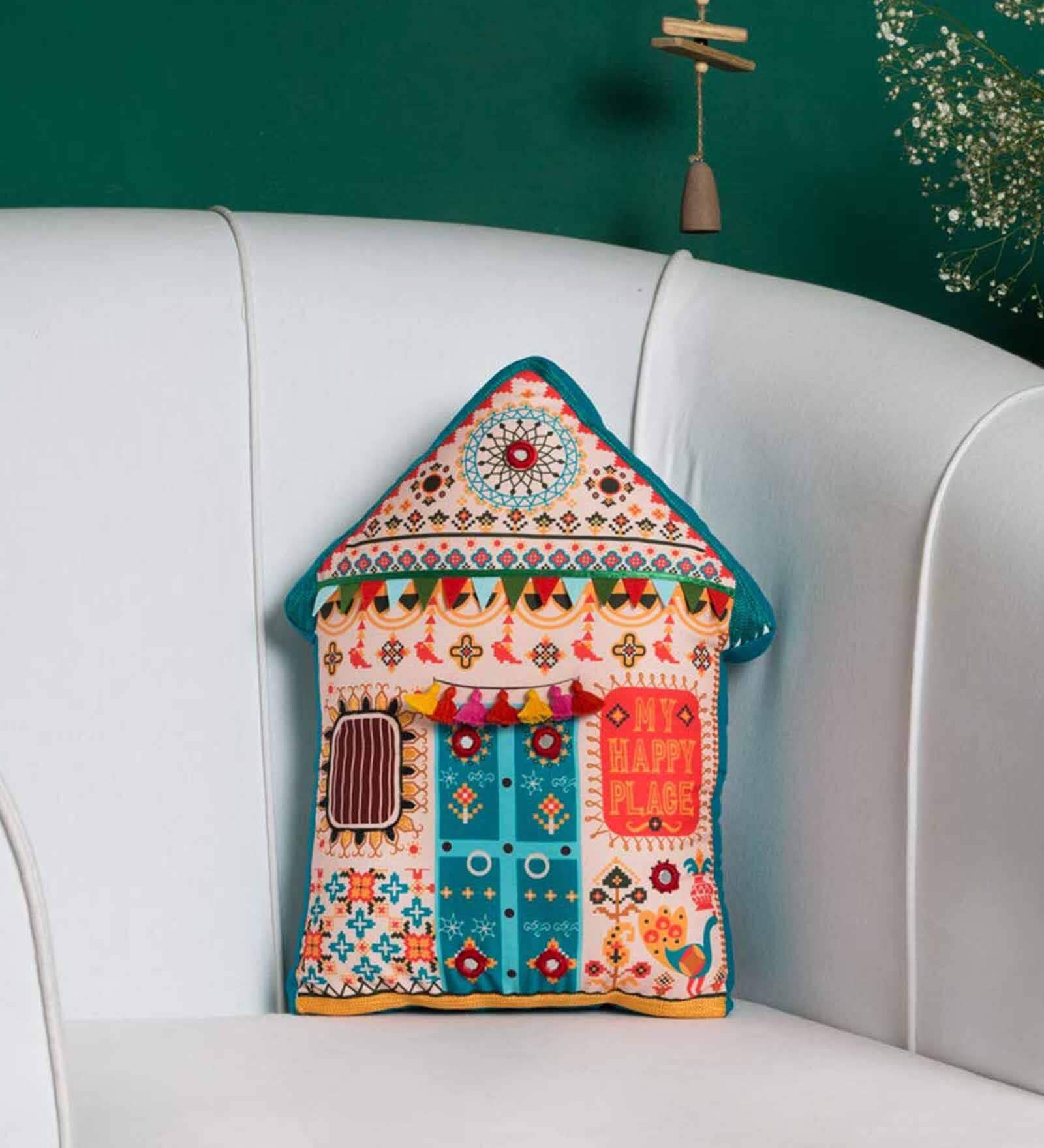 Teal Cotton My Happy Place Filled With Cotton Decorative Cushion