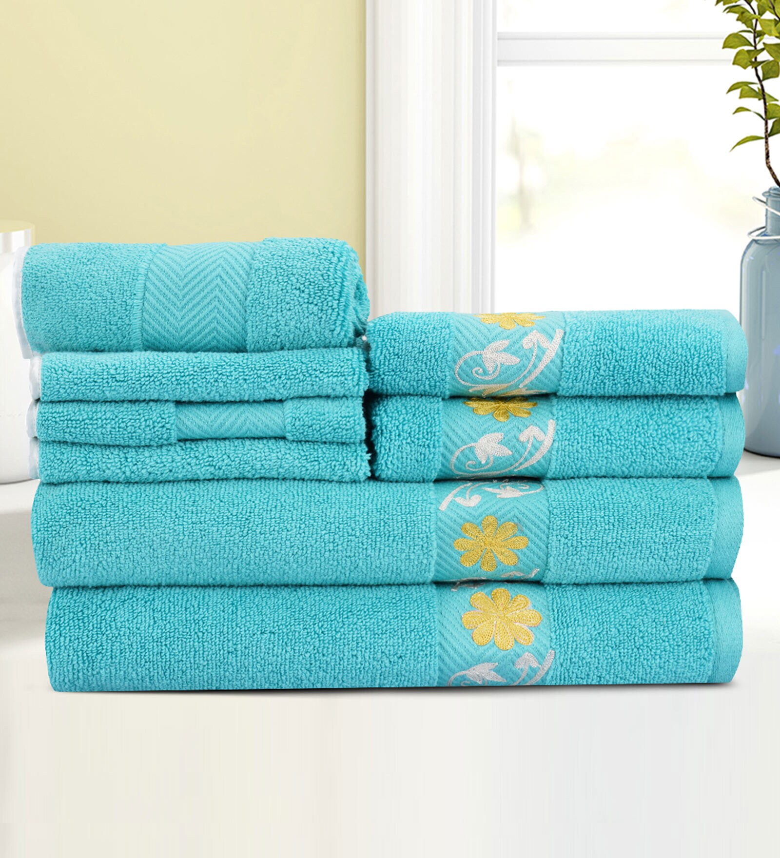 Teal Cotton Patterned 500 GSM Towel Set 8 Pieces