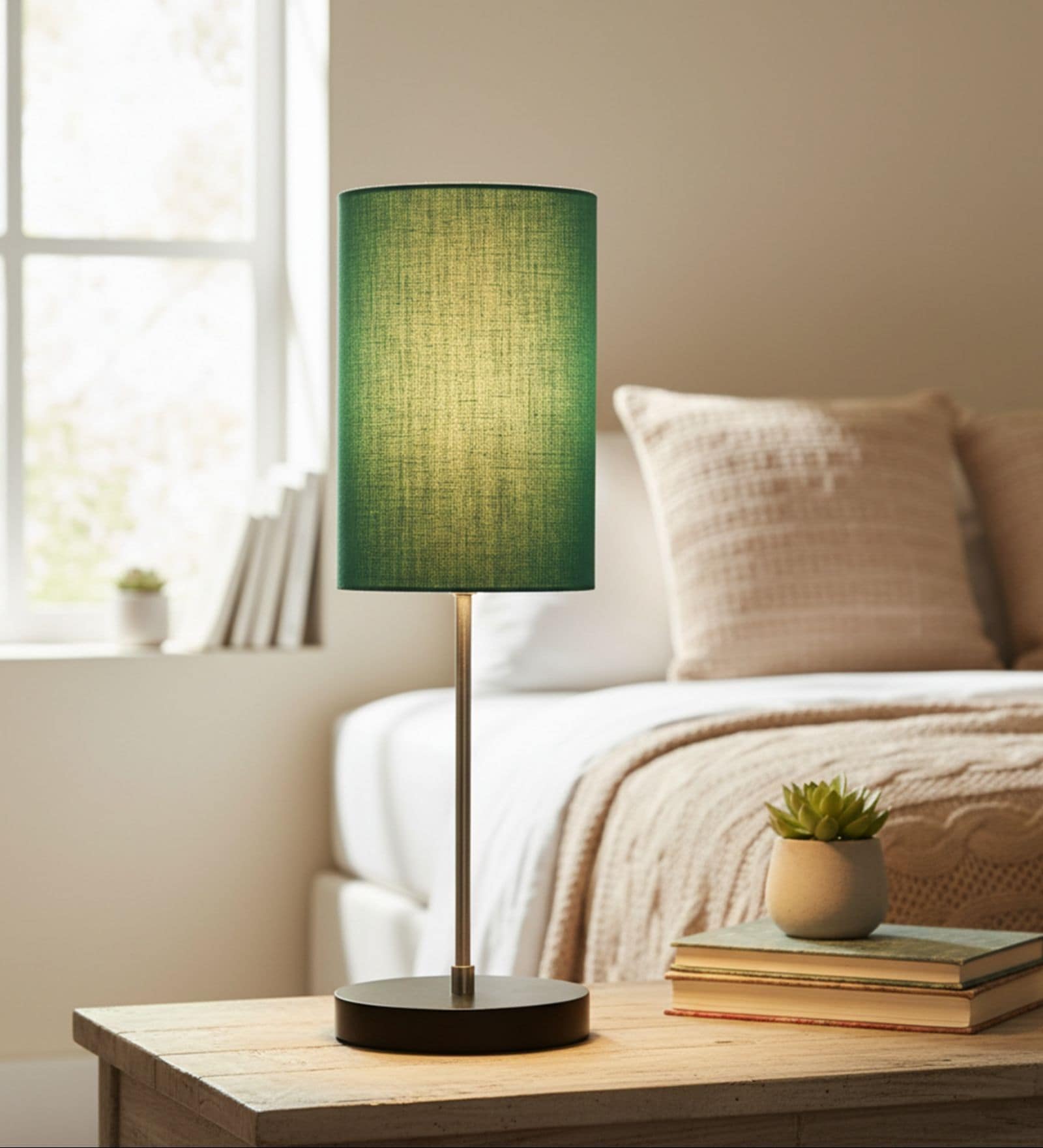 Teal Cylinder Fabric Shade with Modern Silver & Black Table Lamp for Bedroom & Living Room