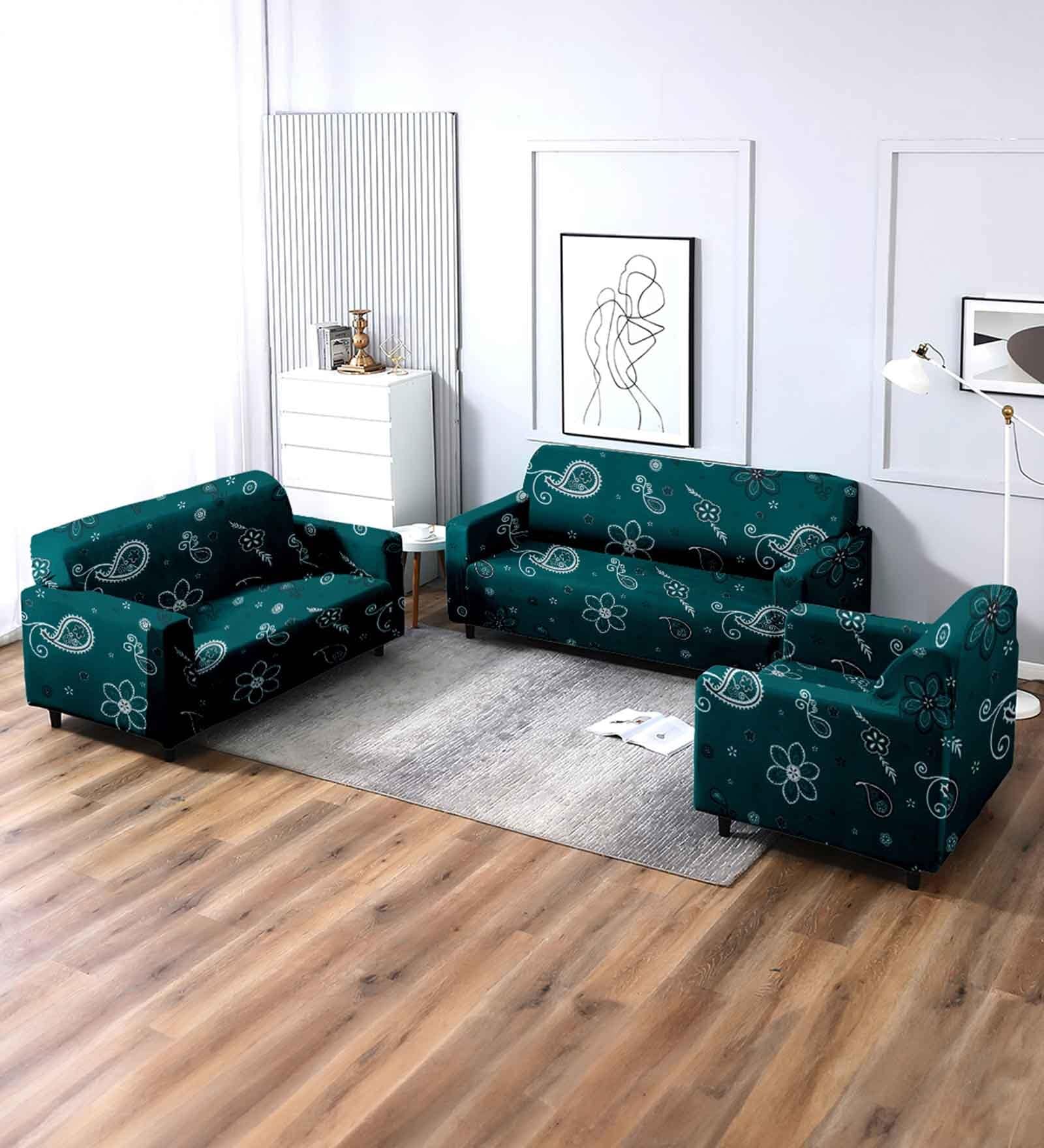 Teal Ethnic motif (3 seater) Sofa Cover & (Pack of 2) Single Seater Sofa Cover