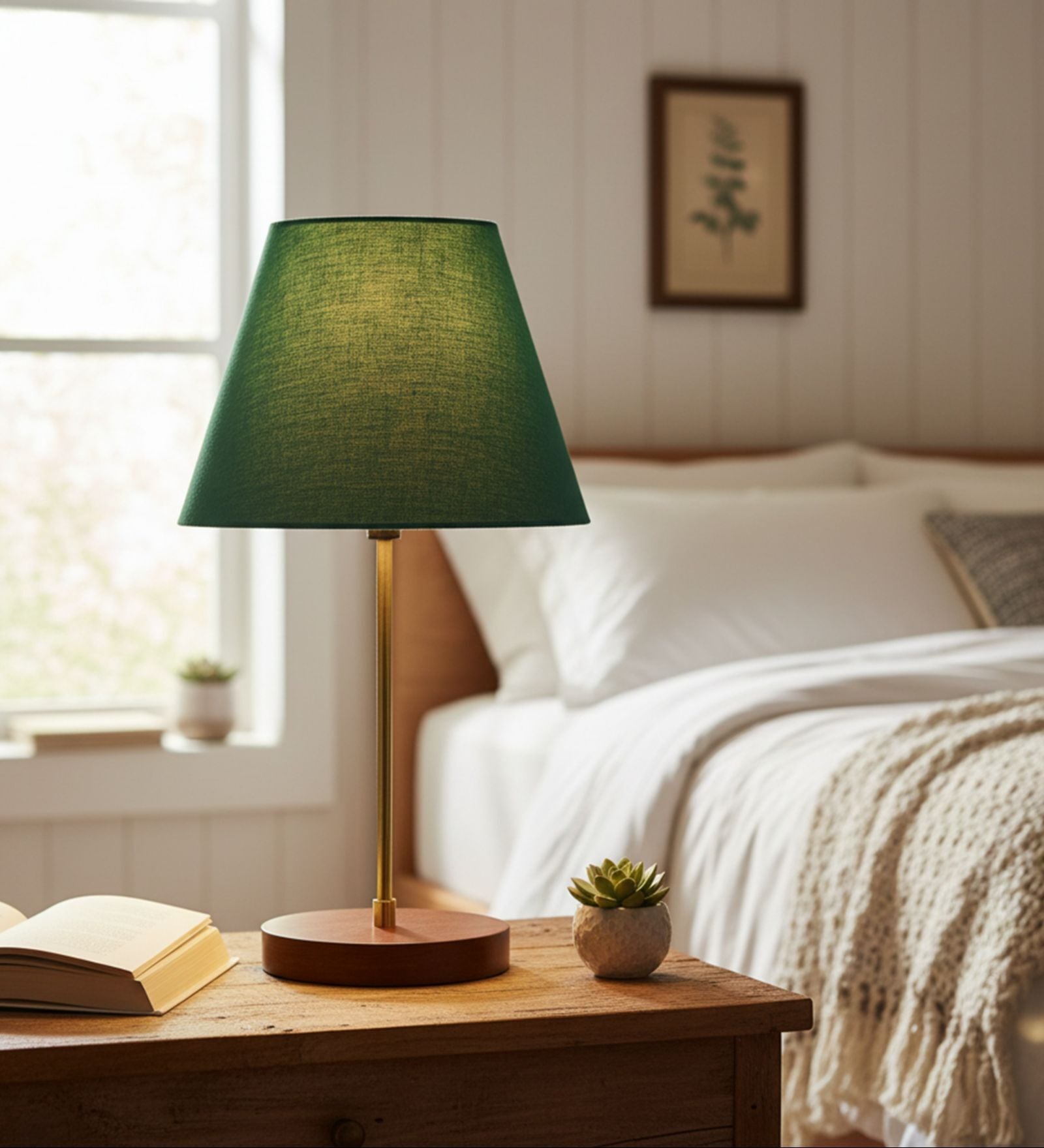 Teal Fabric Shade Table Lamp, Brown Wooden Base Bedside & Desk Light for Bedroom, Living Room & Home Decor