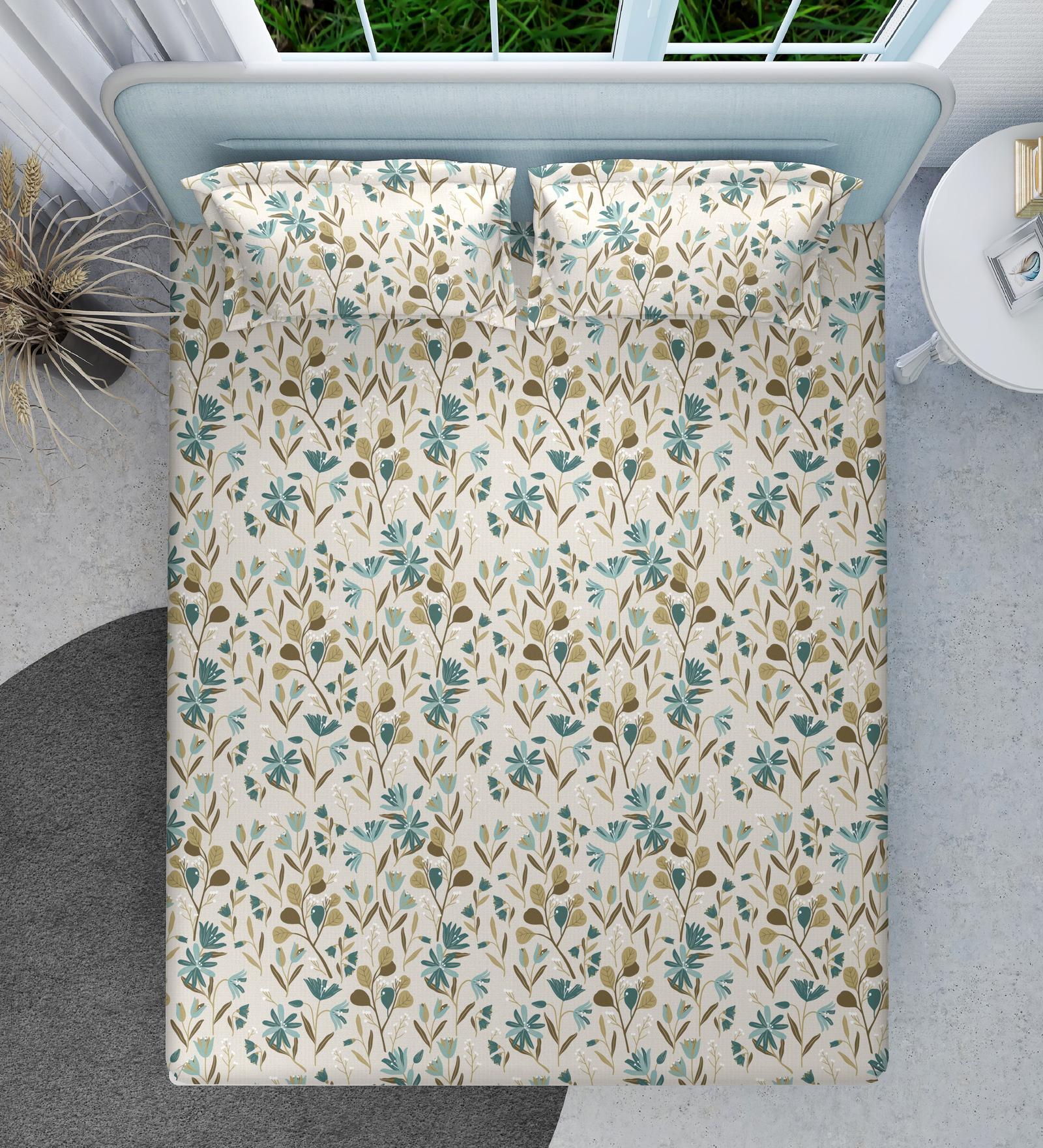 Teal Floral 144 TC Cotton Queen Sized Double Bedsheet with 2 Pillow Covers Botanical Dreams Collection