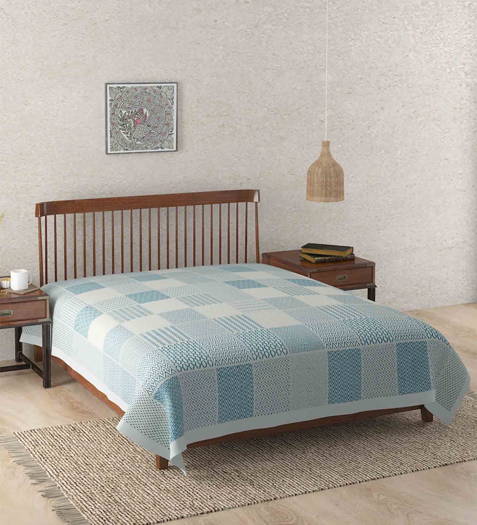Buy Teal Floral 320 TC Cotton Double Bed Cover by Fabindia by Fabindia