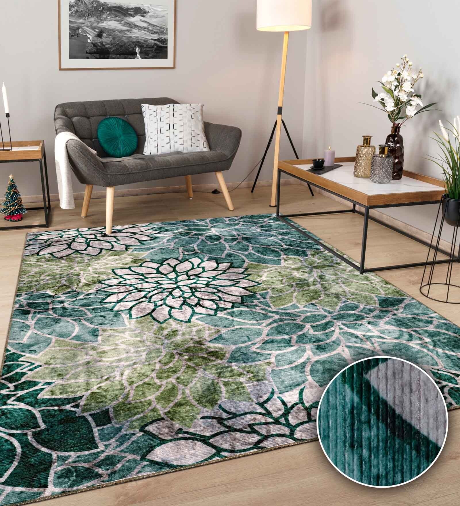 Teal Green Floral Polyester 8' X 10' Machine Made Carpet