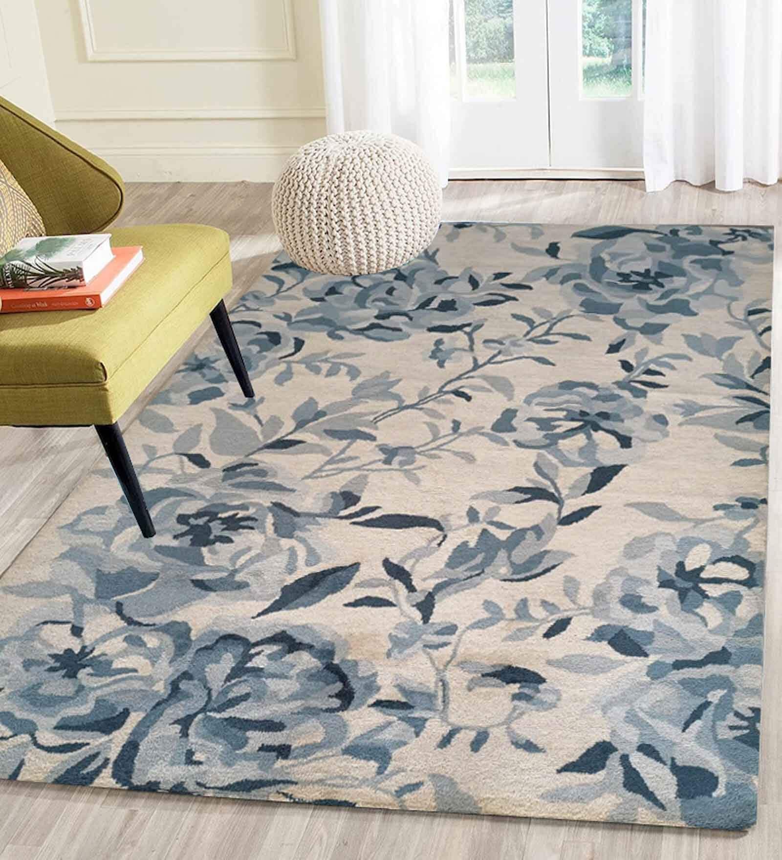 Teal Floral Wool 5 ft x 7 ft Hand Tufted Carpet