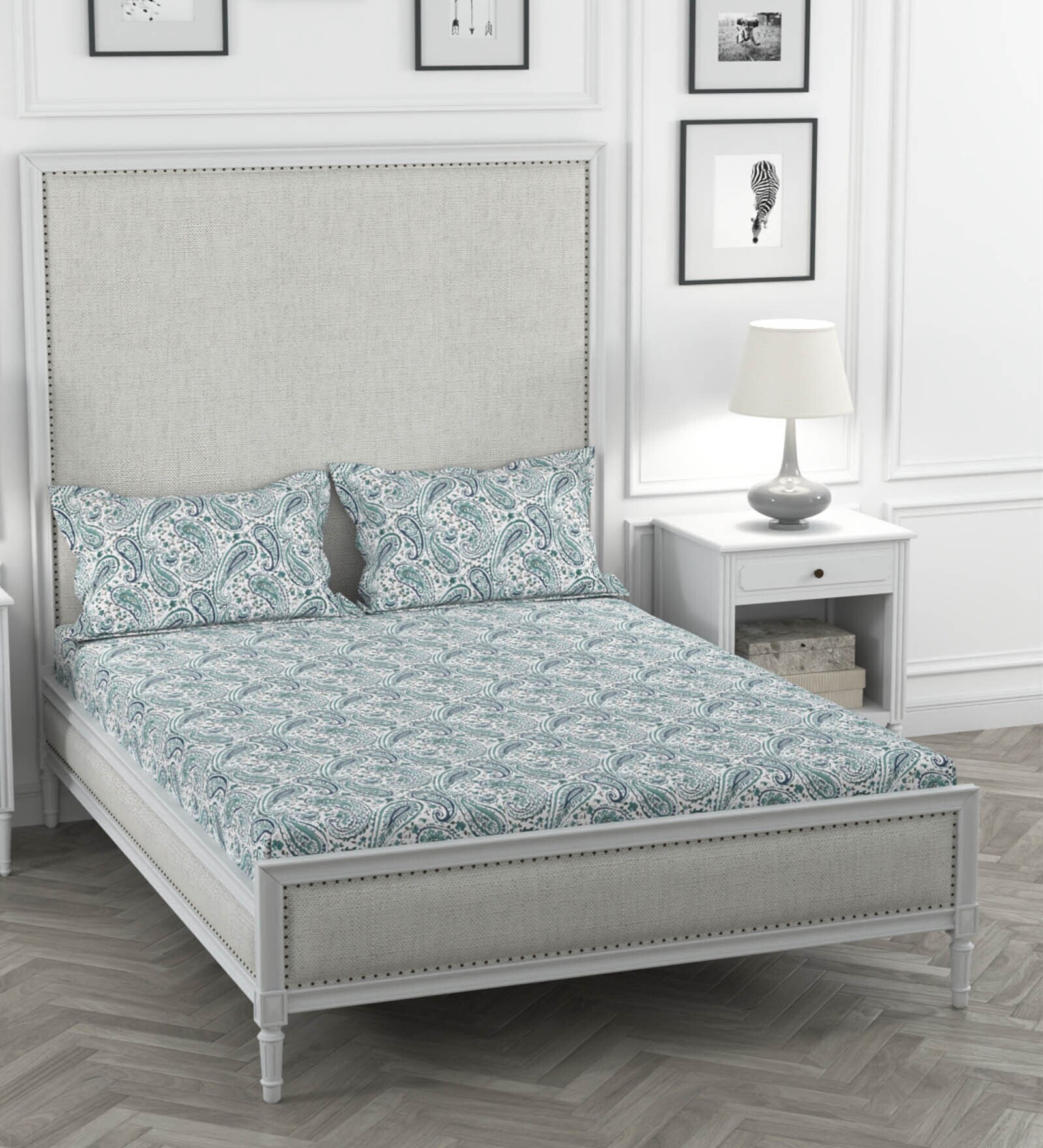 Teal Geometric 200 TC 100% Cotton King Sized Bedsheet With 2  Pillow Covers Solana Collection