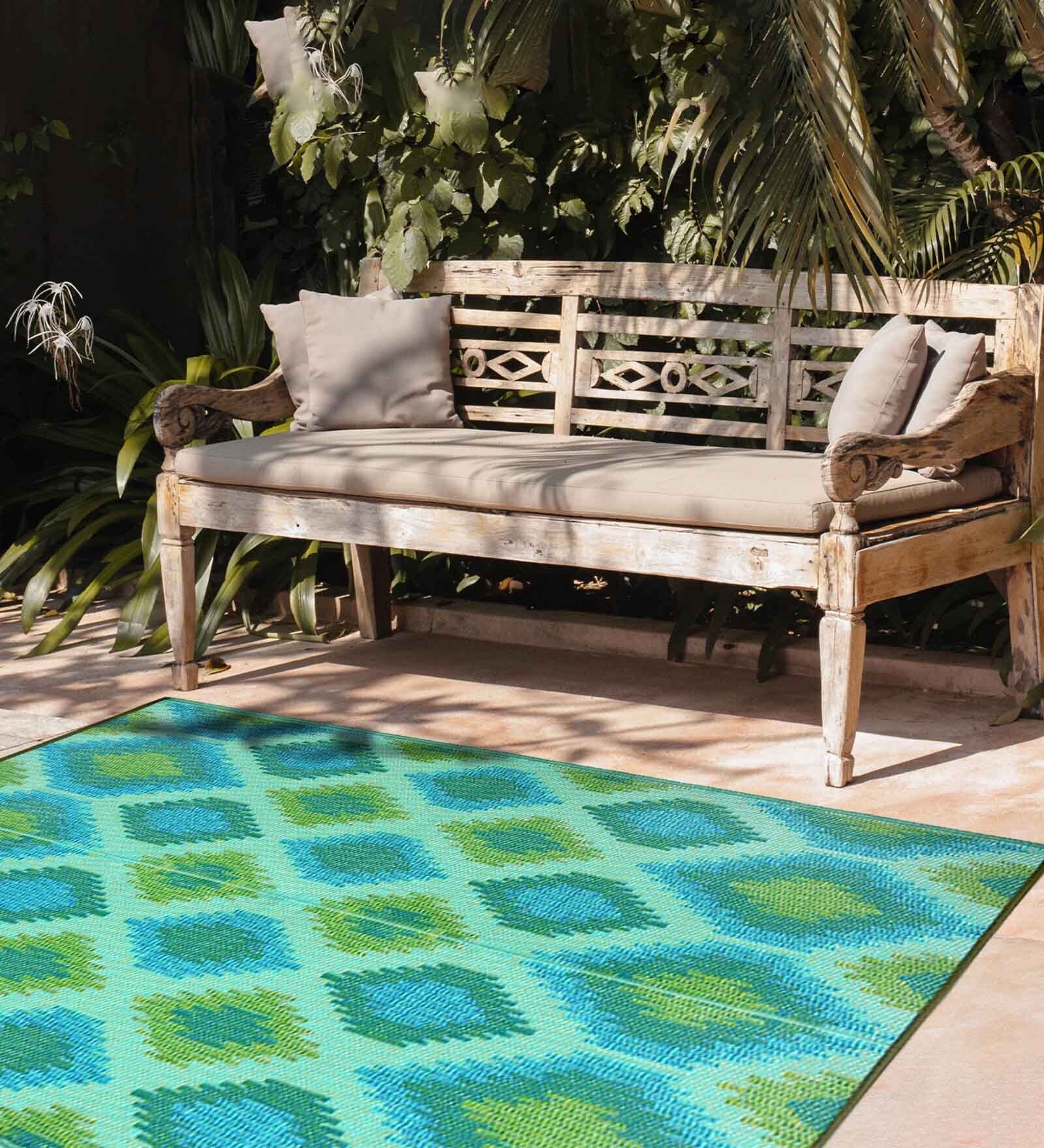 Teal Geometrical Polyproylene 4 ft x 6 ft Machine Made Picnic  Mats