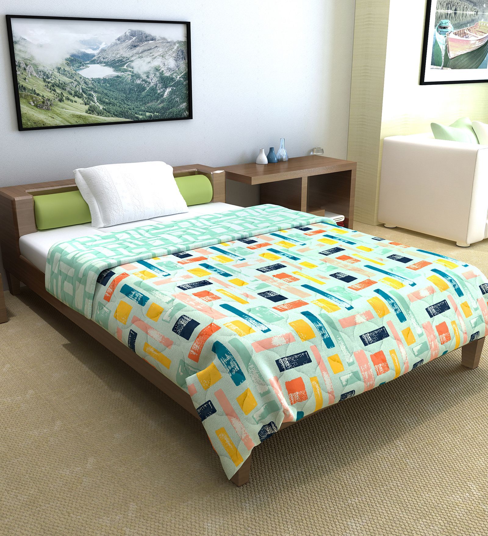 Teal Grey Microfiber Abstract 120 Gsm Single Comforter