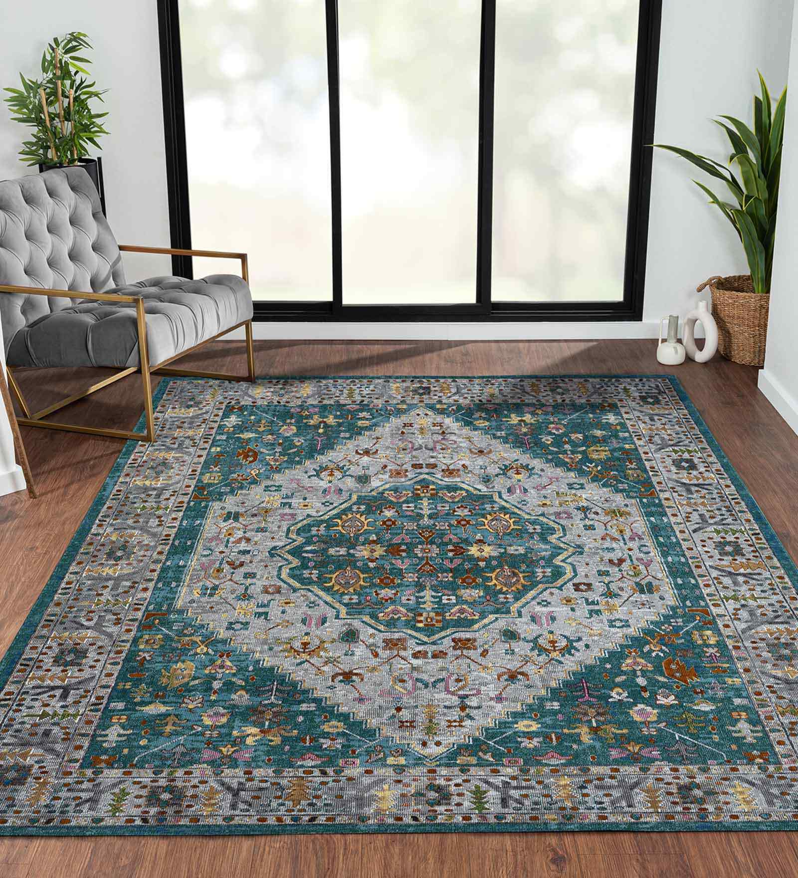 Teal Persian Polypropylene 5x8 Feet Machine Made Carpet