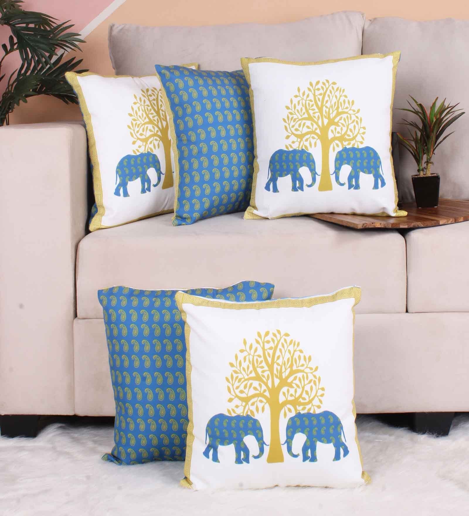 Teal Polycotton Floral 16x16 inches Cushion Covers (Pack of 5)