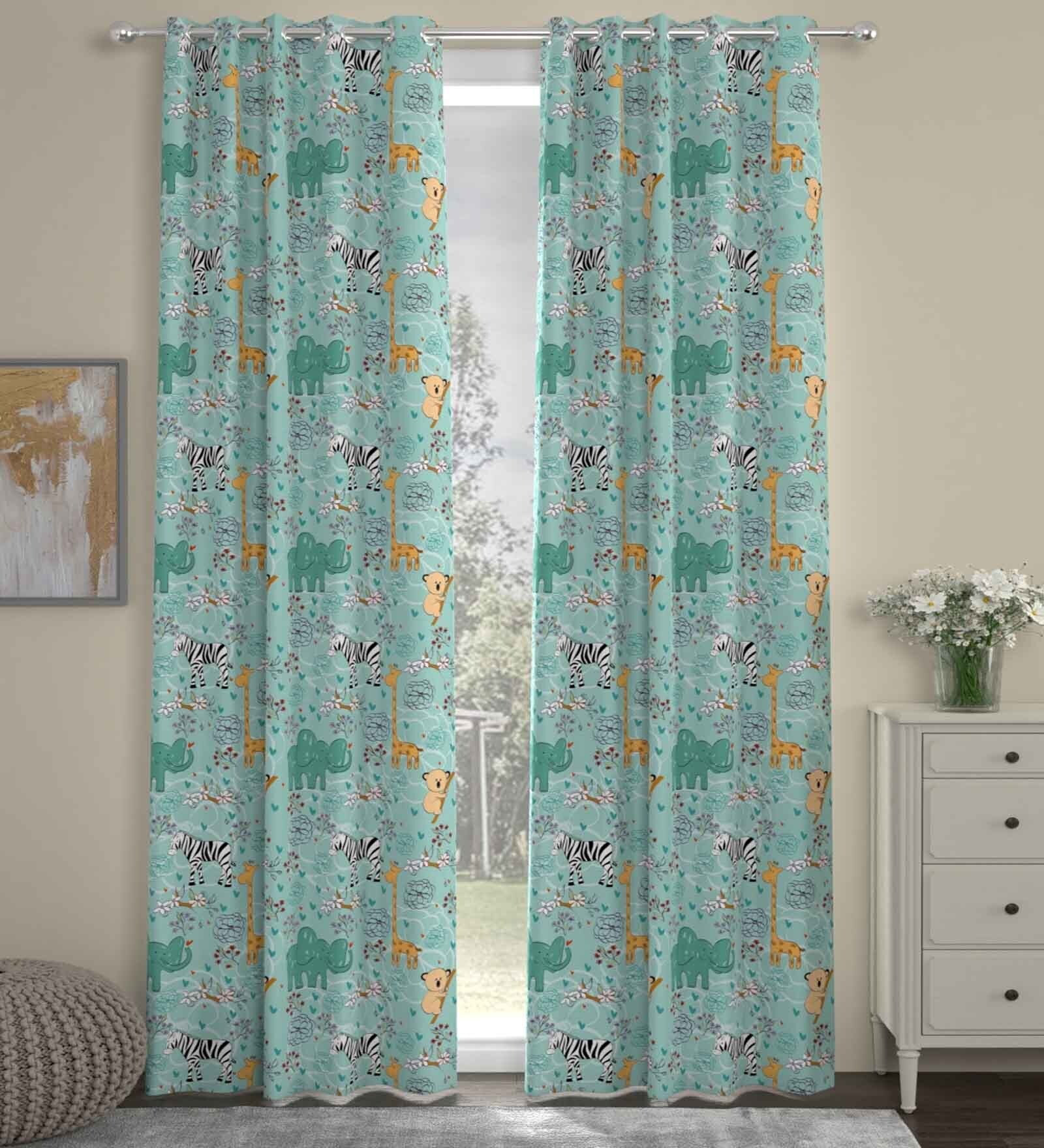 Teal Polyester Abstract 9ft Semisheer Eyelet (2 pc) Long Door Curtains