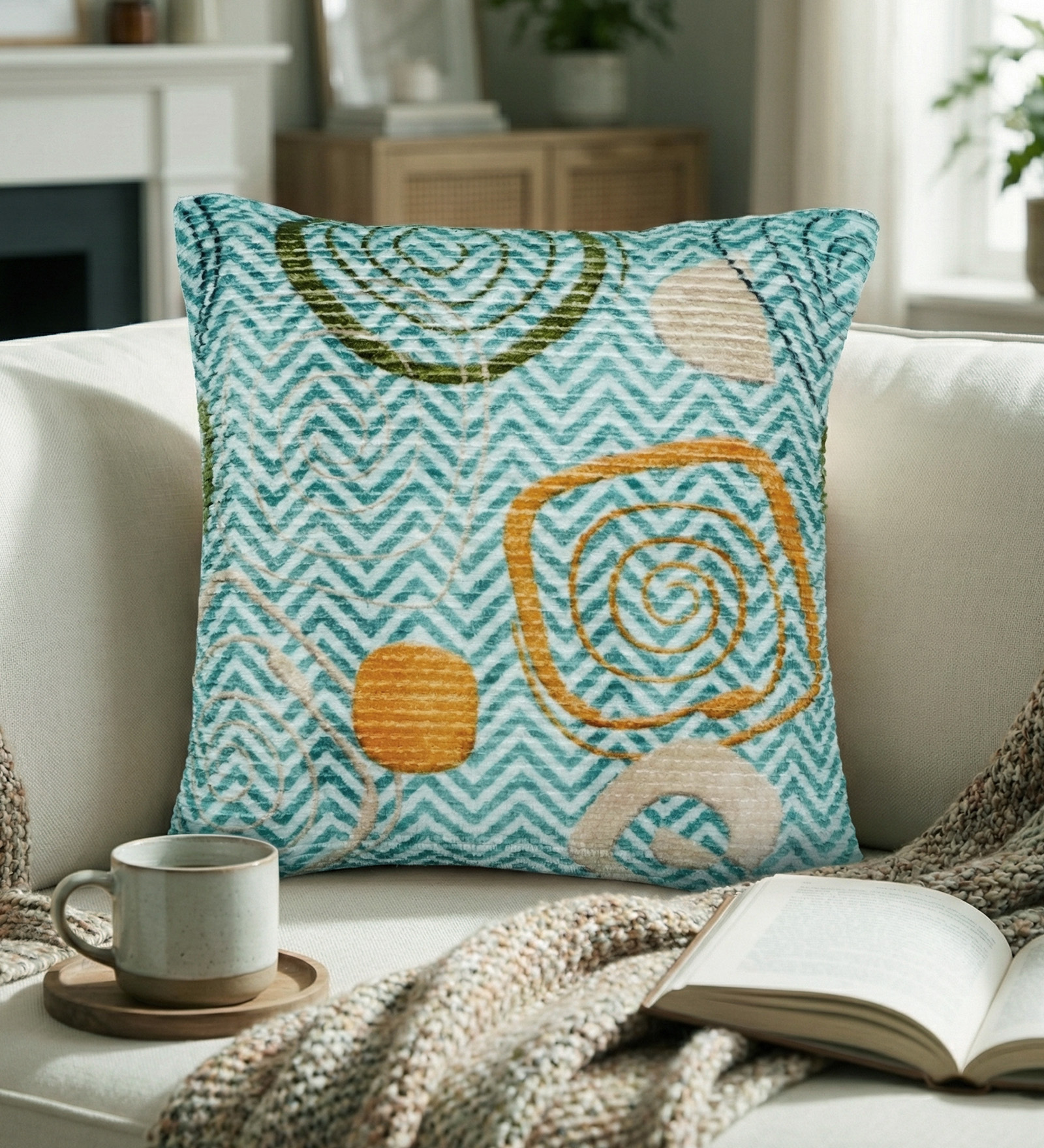 Teal Polyester Geometric 16x16 inches Cushion Cover