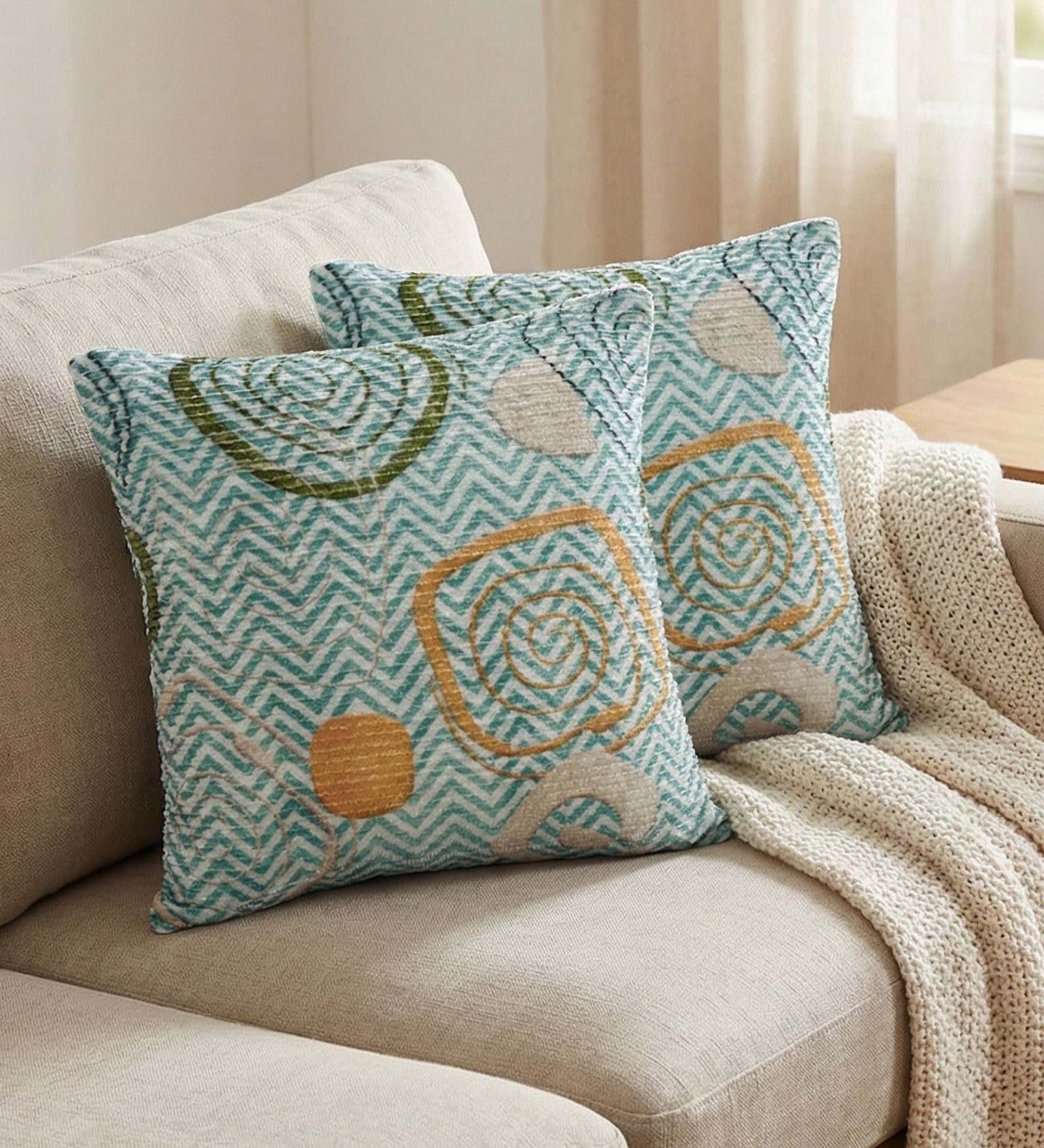 Teal Polyester Geometric 18x18 inches Cushion Covers Set of 2