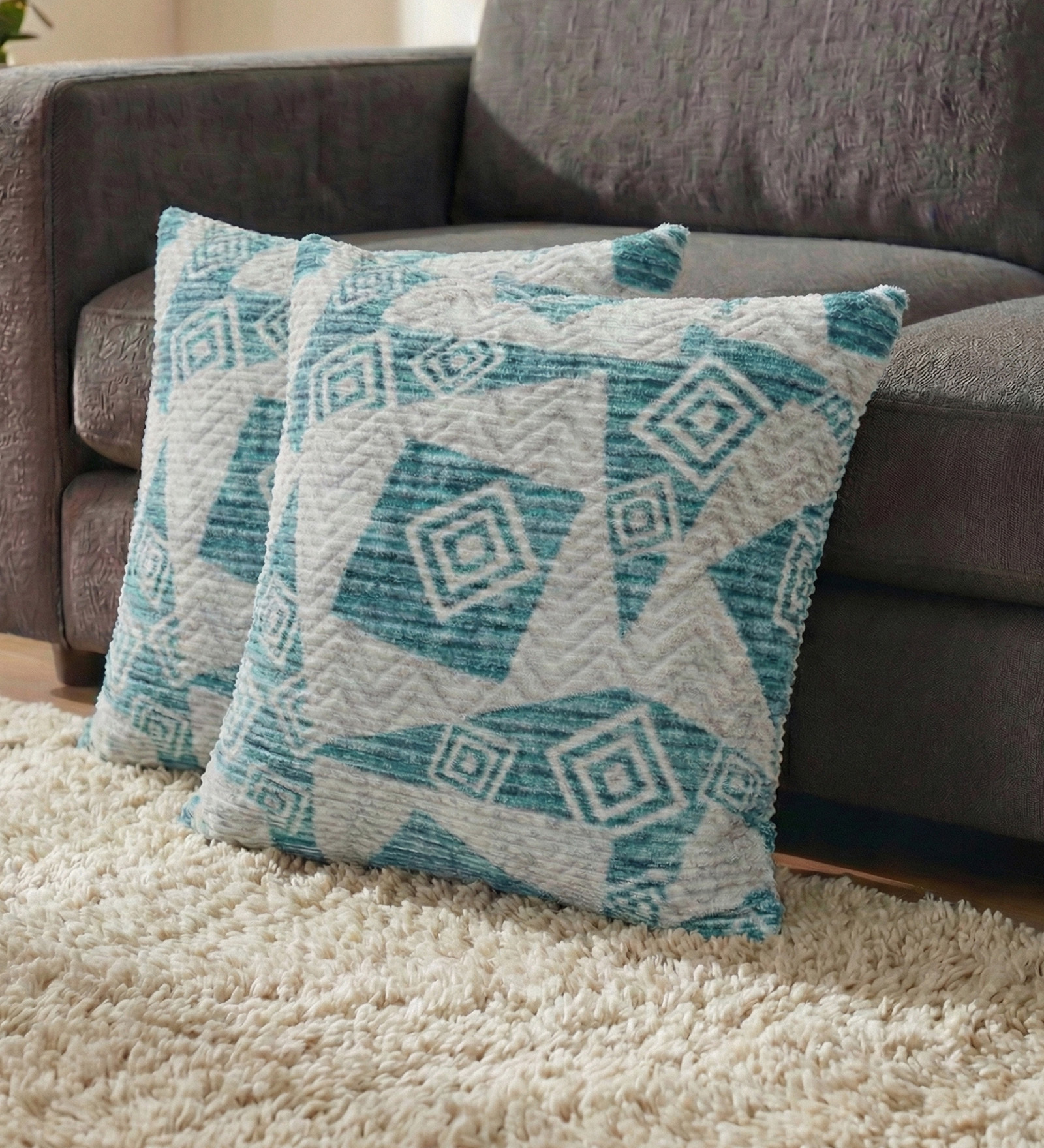 Teal Polyester Geometric 20x20 inches Cushion Covers Set of 2