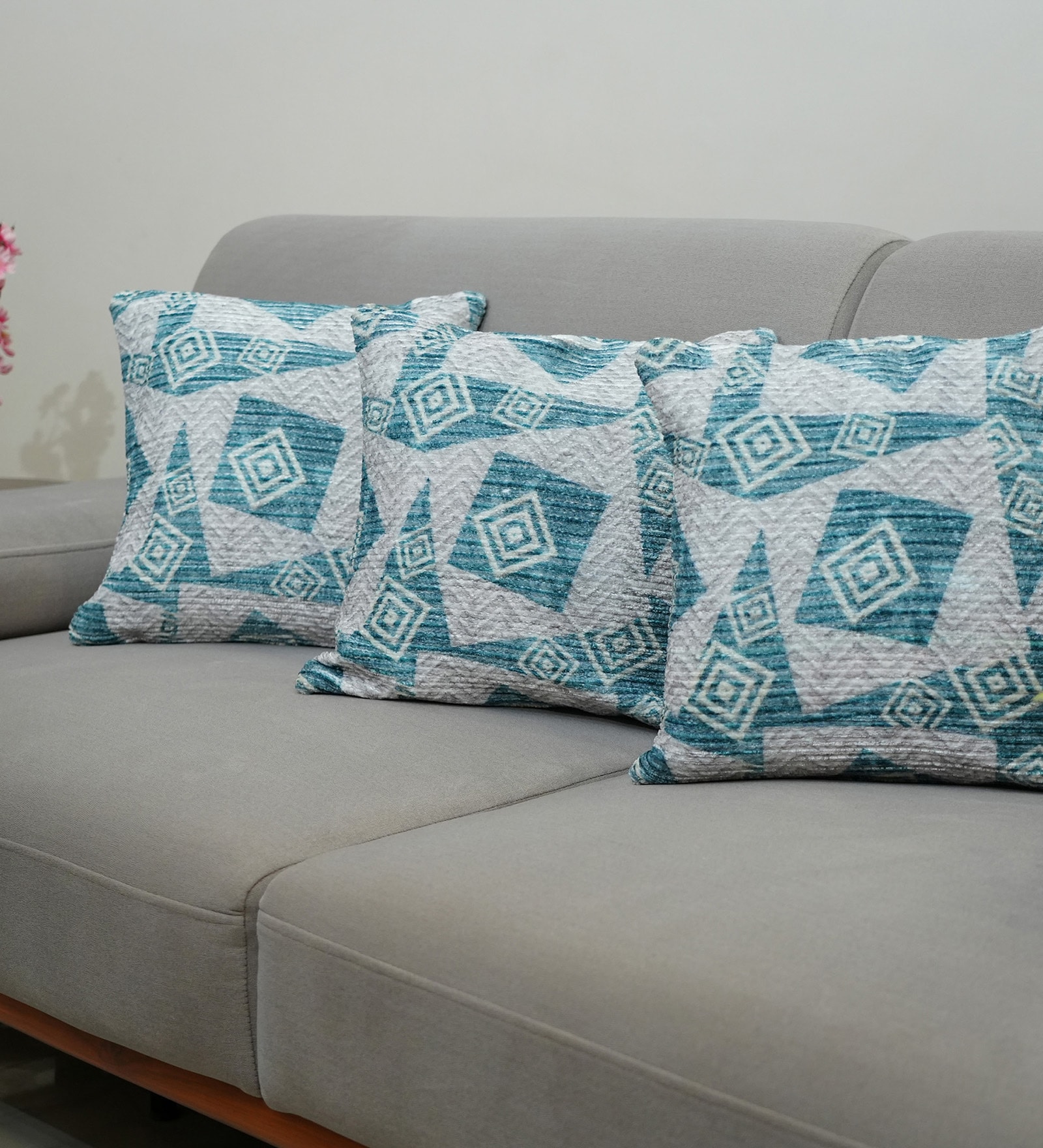 Teal Polyester Geometric 20x20 inches Cushion Covers Set of 3