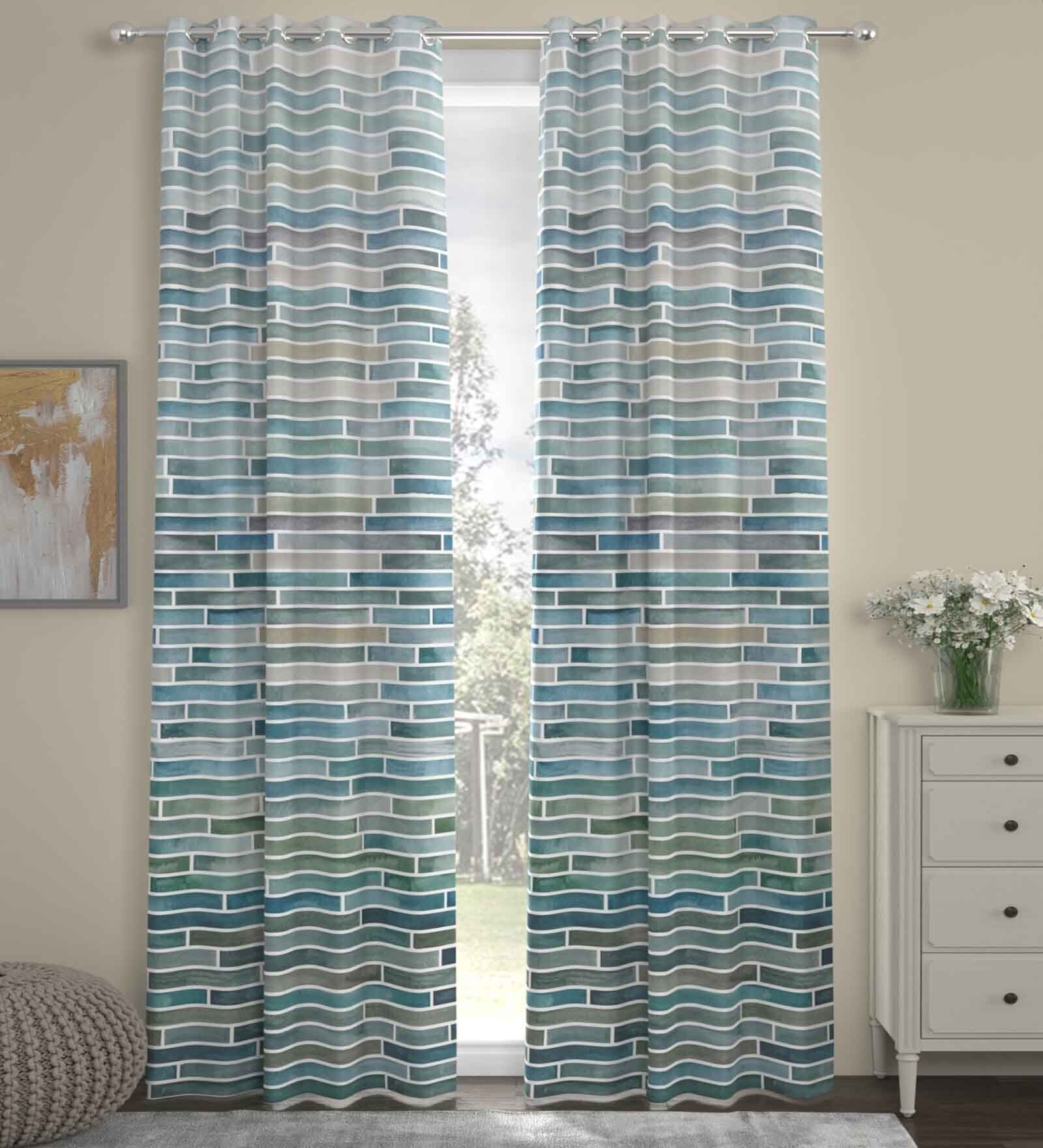 Teal Polyester Abstract 7ft Semisheer Eyelet (2 Pc) Door Curtains