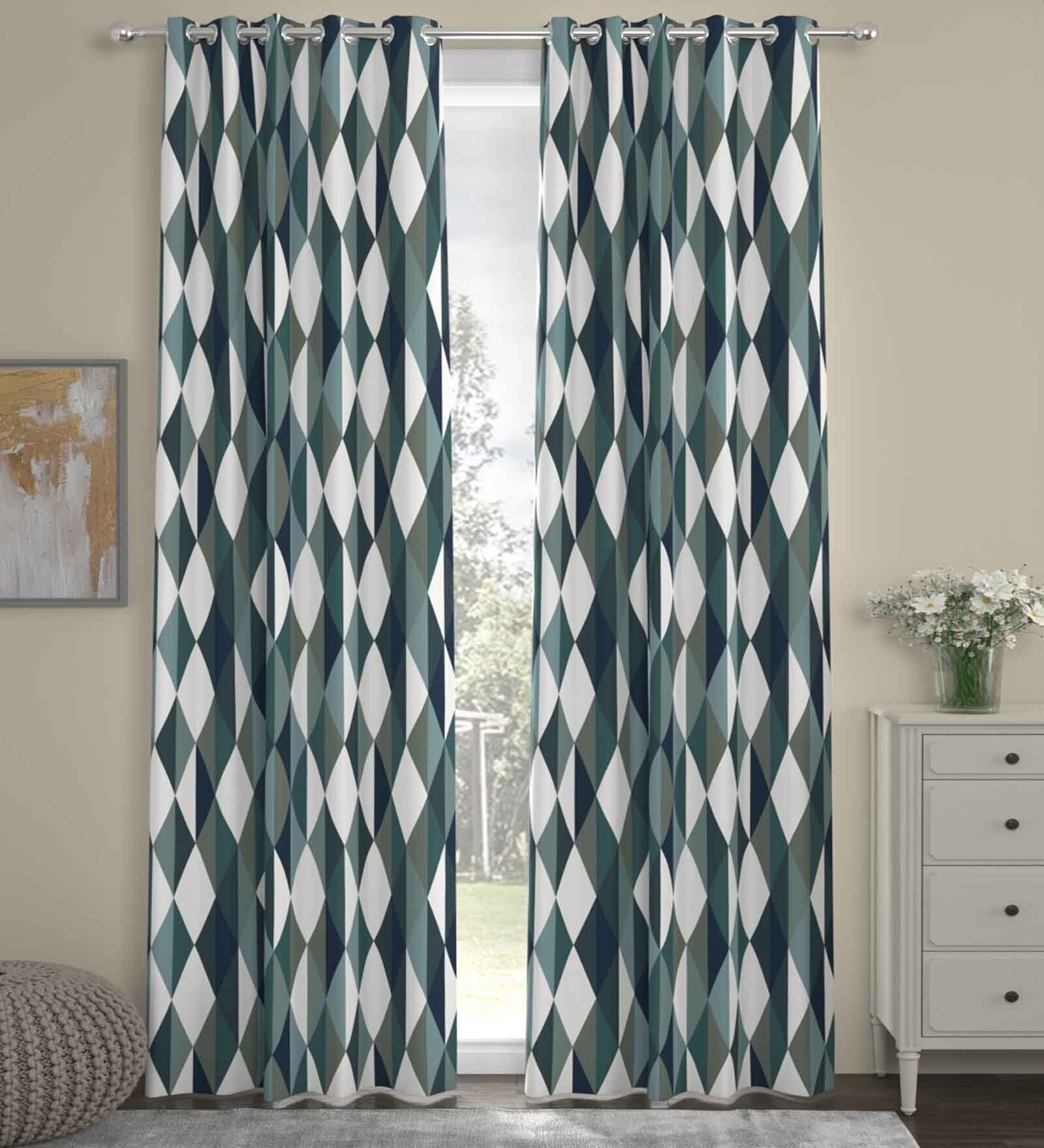 Teal Polyester Abstract 9ft Semisheer Eyelet (2 pc) Long Door Curtains