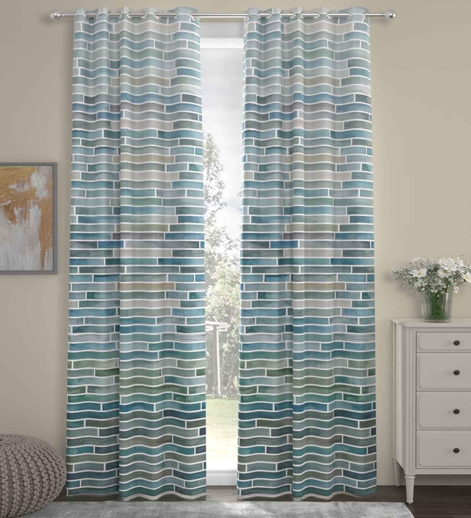 Teal Polyester Abstract 9ft Semisheer Eyelet (2 pc) Long Door Curtains