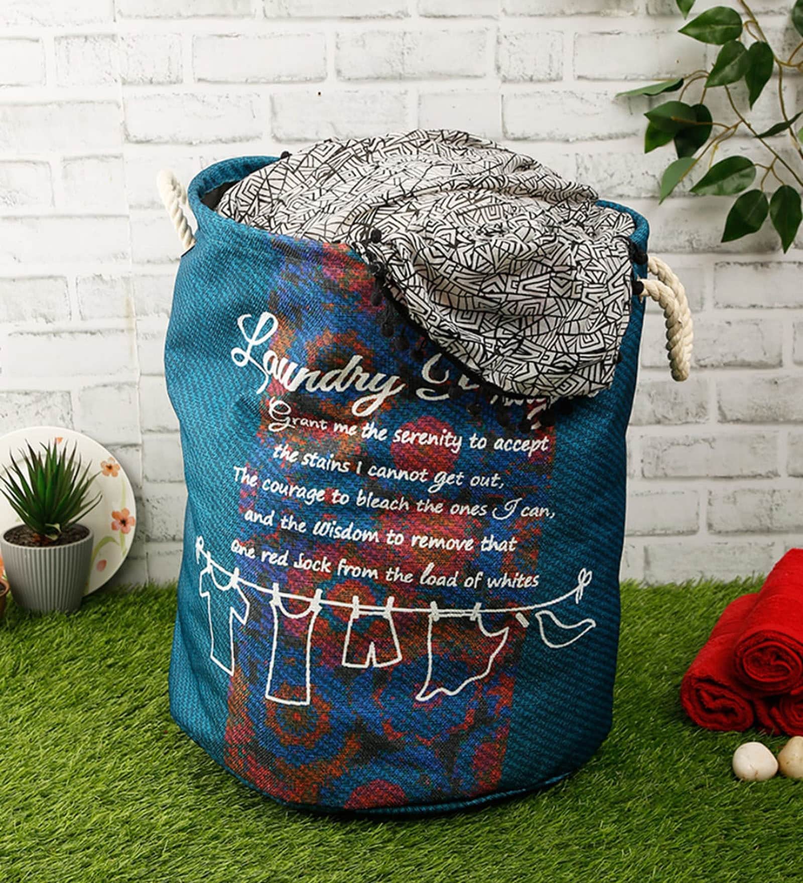 Teal Polyester Slub 50 Ltr (1Pc) Laundry Basket with Lid