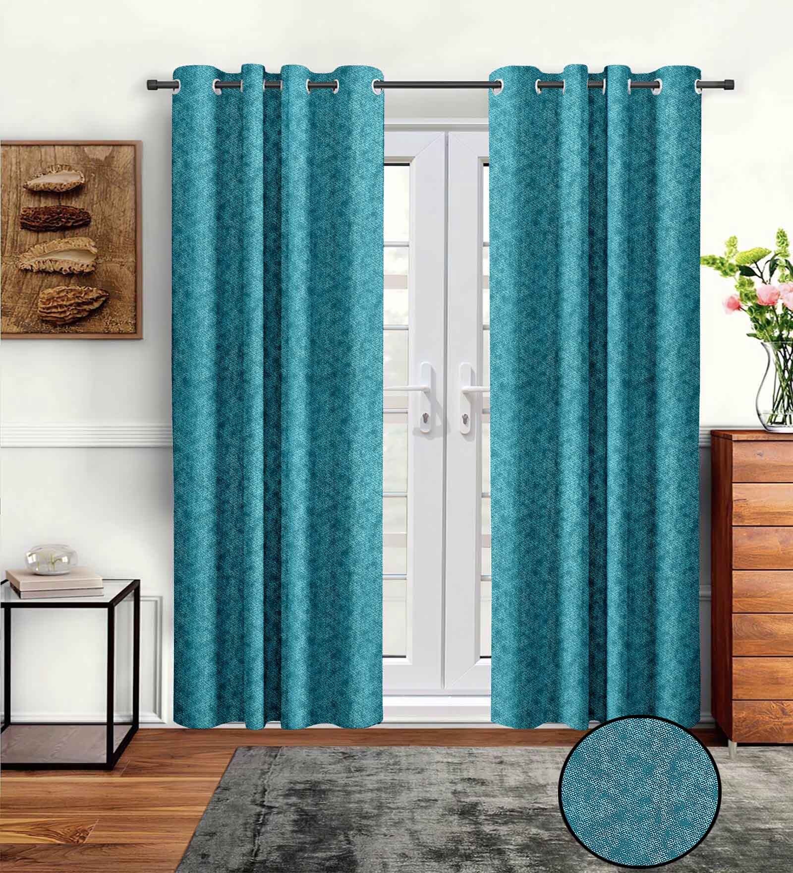 Teal Polyster Abstract 9ft Light Filtering Eyelet 2 Pc Long Door curtains