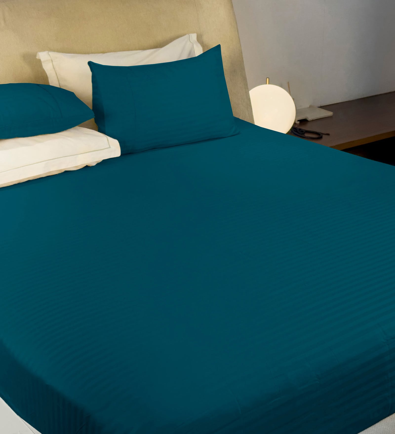 Teal Satin Striped 210 TC Pure Cotton King Sized Bedsheet with 2 Pillow Covers