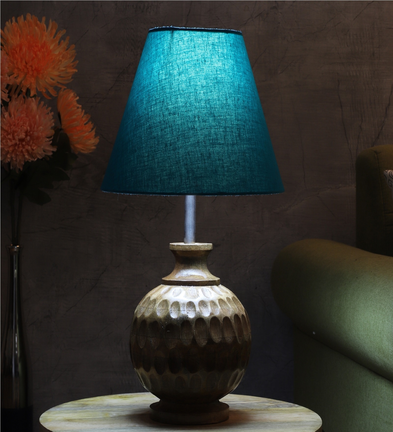 Faraday Teal Fabric Shade Night Lamp With Wood Base