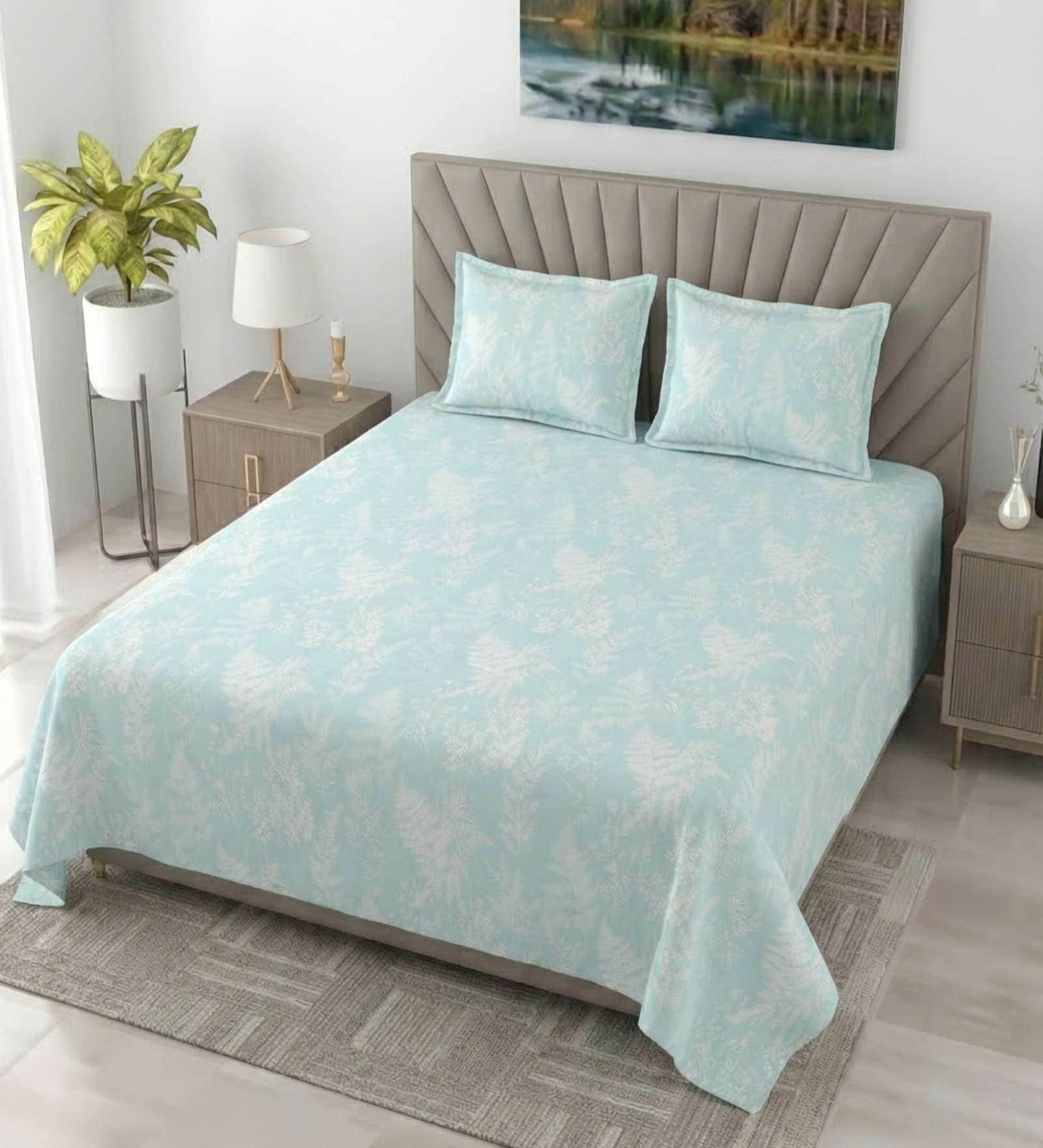 Teal Shadow Metro 186 TC Cotton King Bedsheet With 2 Pillow Covers
