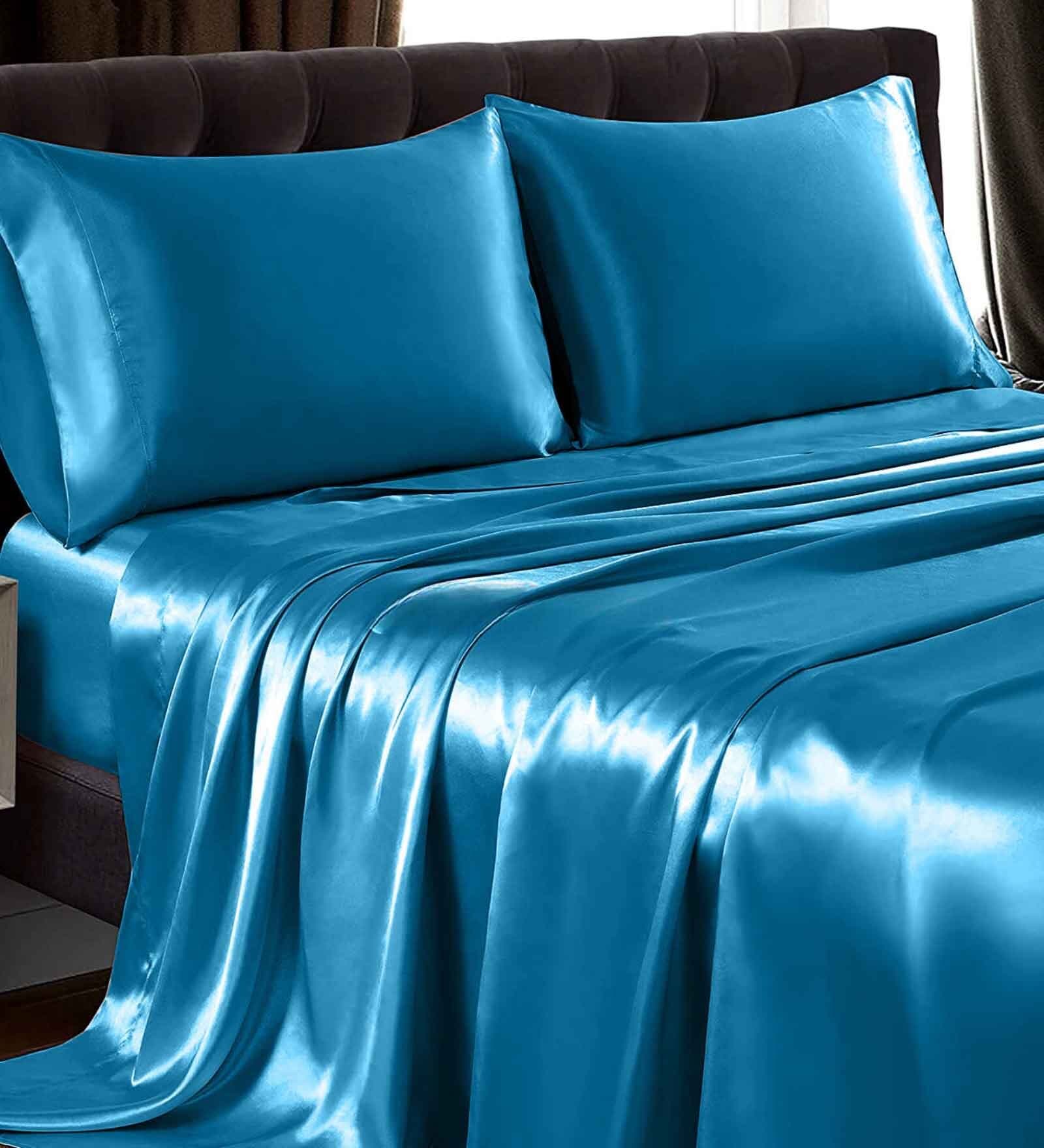 Teal Solid 400 TC Satin King Fitted Bedsheet with 2 Satin Pillow covers