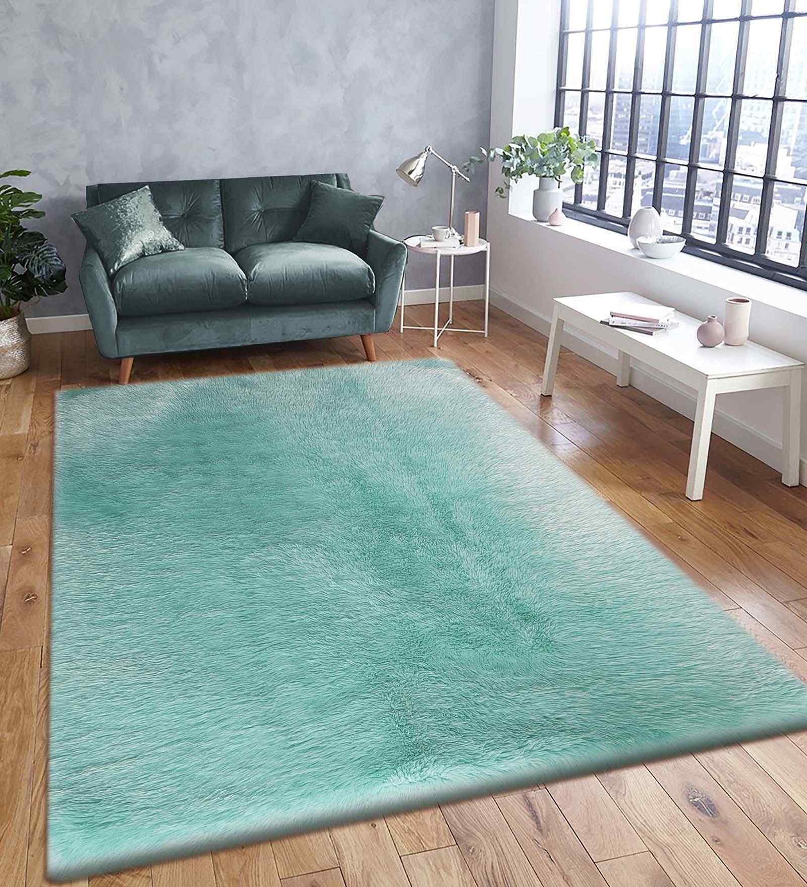 Teal Solid Polyester 4x6 Feet Machine Made Carpet
